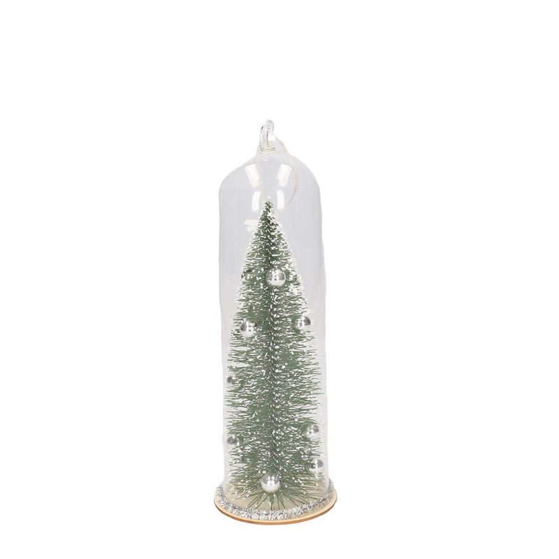 Kerstboomhanger-Kersthanger zilveren kerstboom in glazen stolp 22 cm