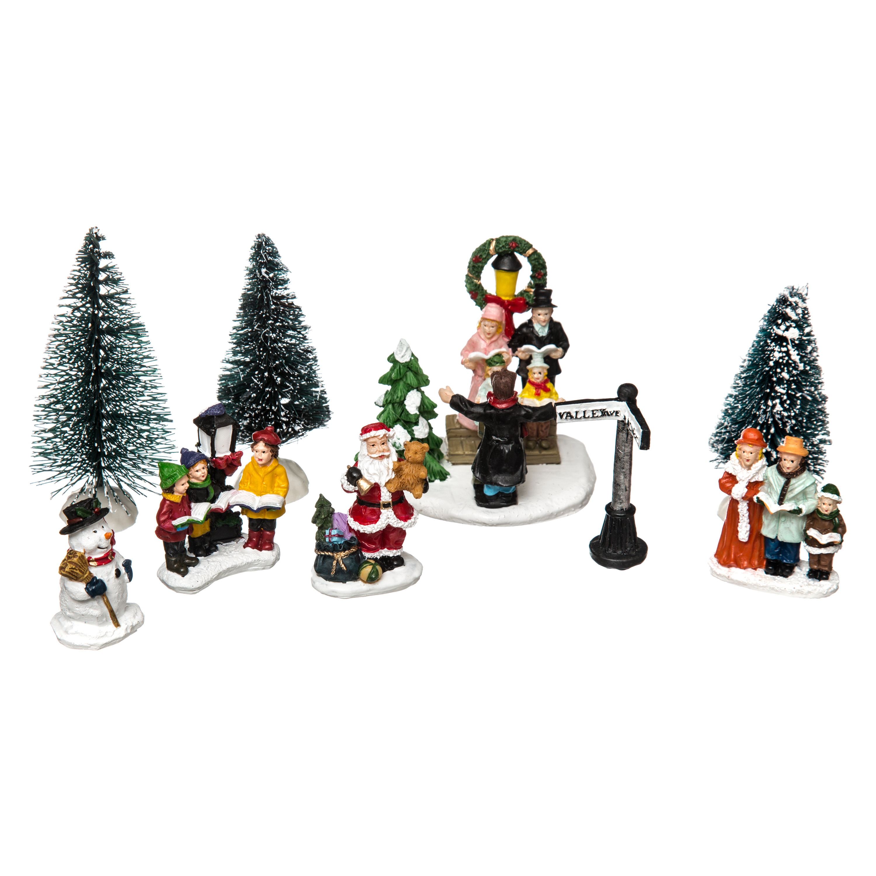 Kerstdorp accessoires miniatuur boompjes en figuurtjes polyresin