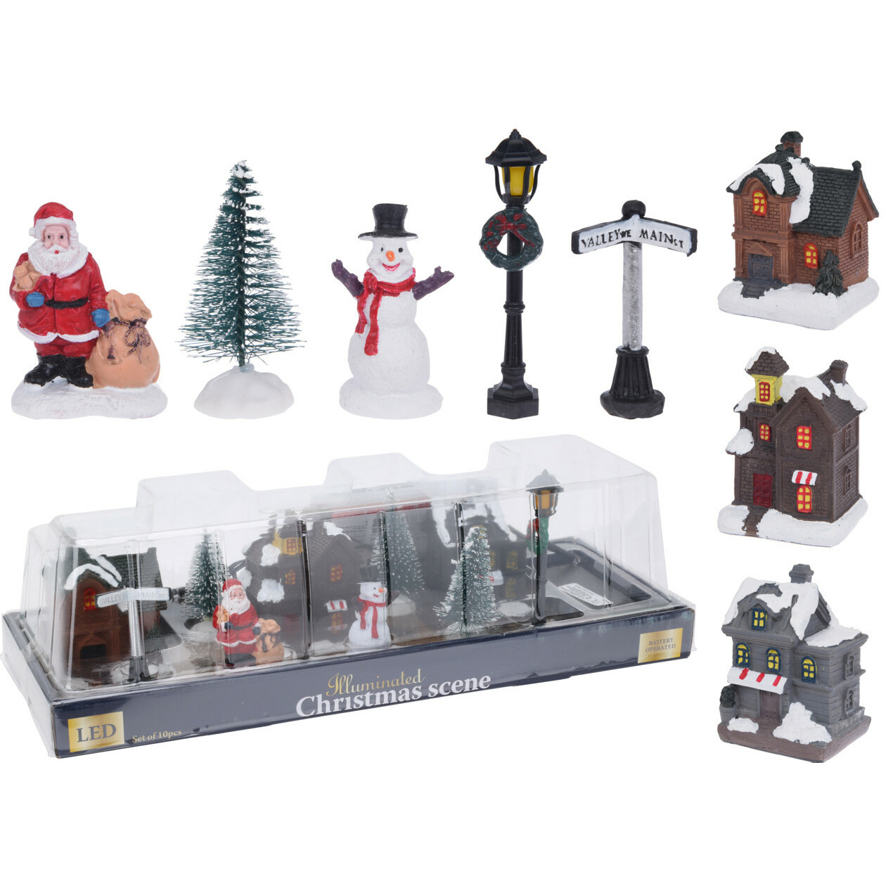 Kerstdorp accessoires miniatuur figuurtjes en huisjes 10-delig