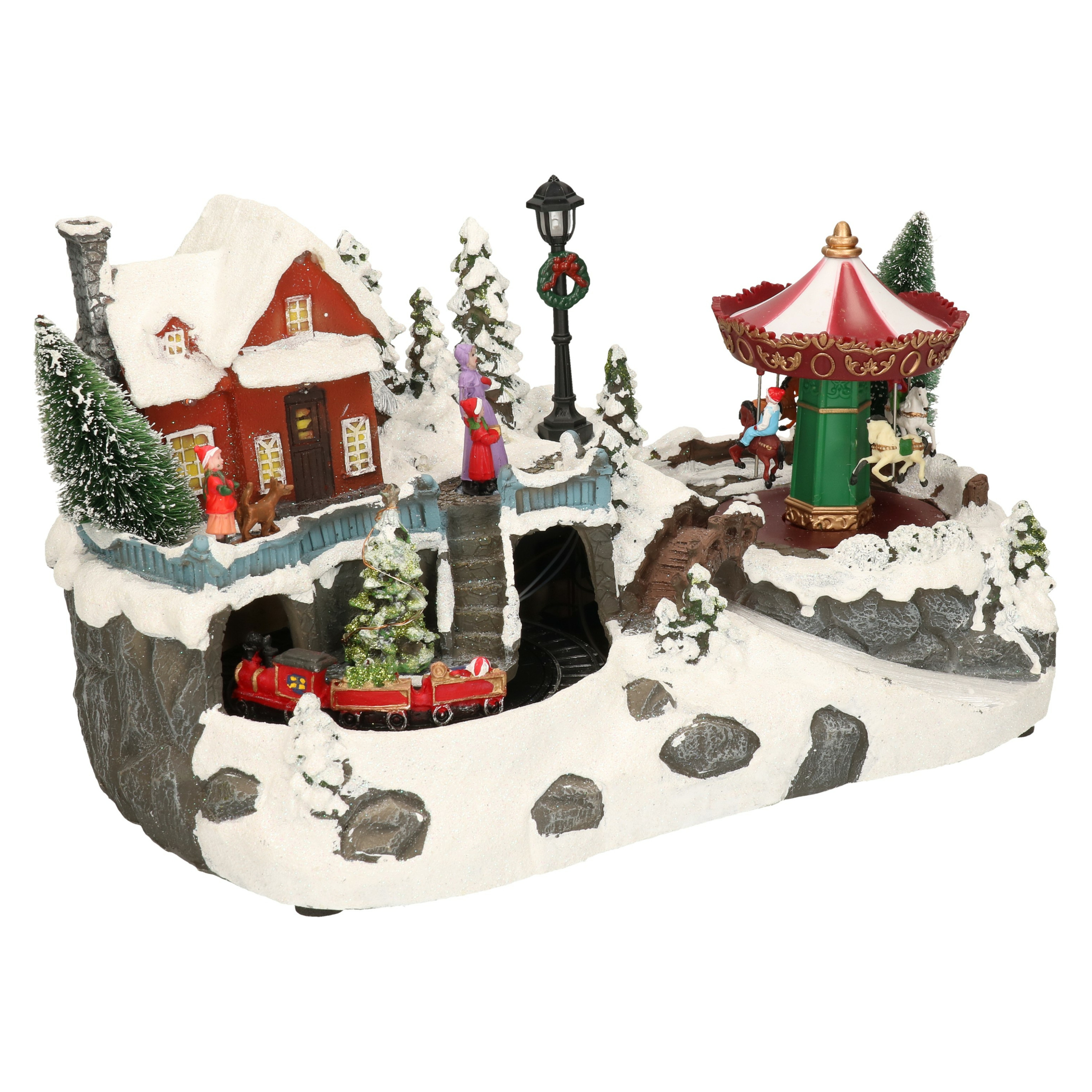 Kerstdorp kersttafereel met draaiende carrousel -met verlichting- 34 cm