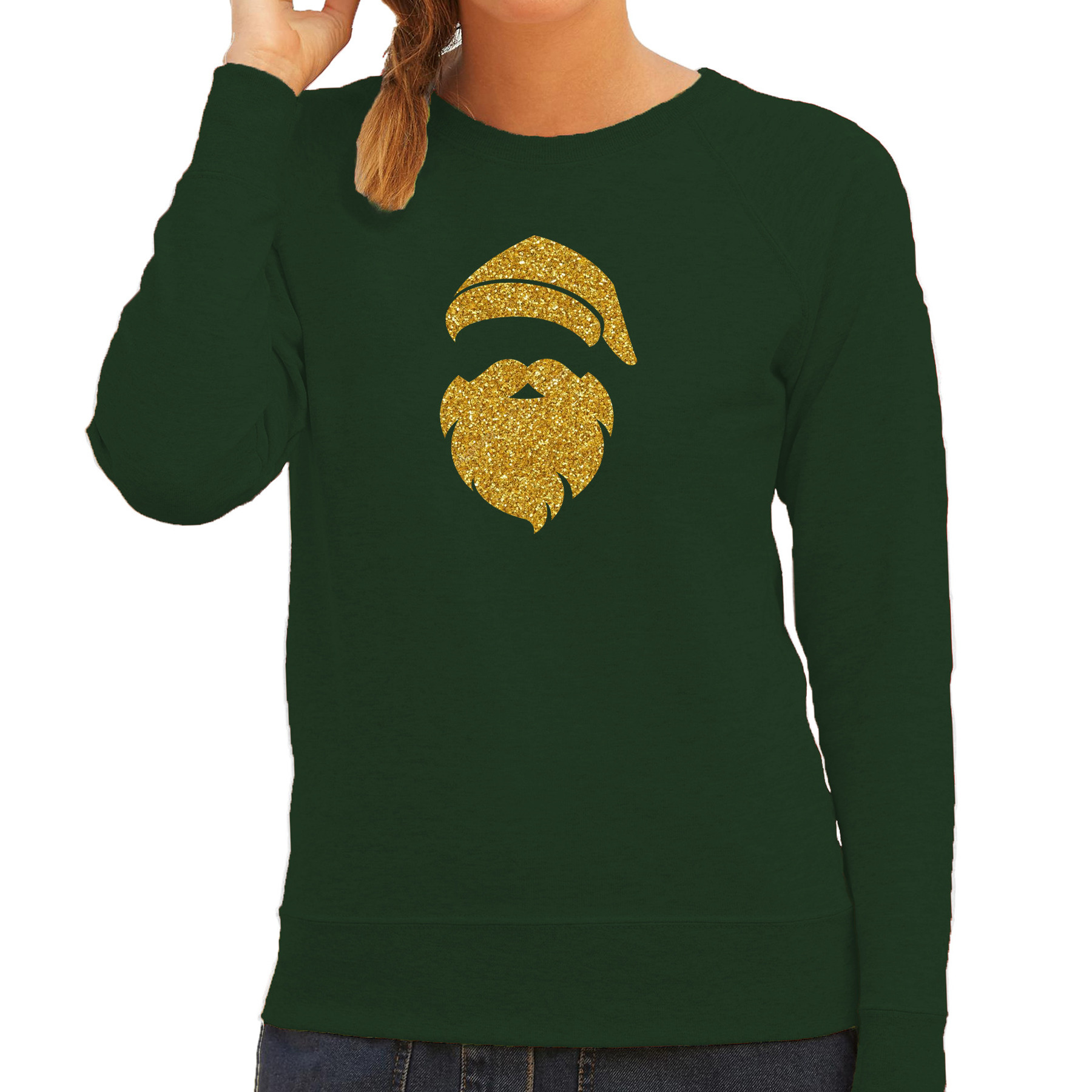 Kerstman hoofd Kerst sweater-trui groen voor dames met gouden glitter bedrukking