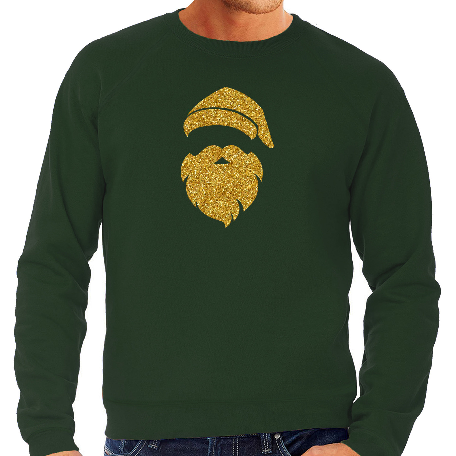 Kerstman hoofd Kerst sweater-trui groen voor heren met gouden glitter bedrukking
