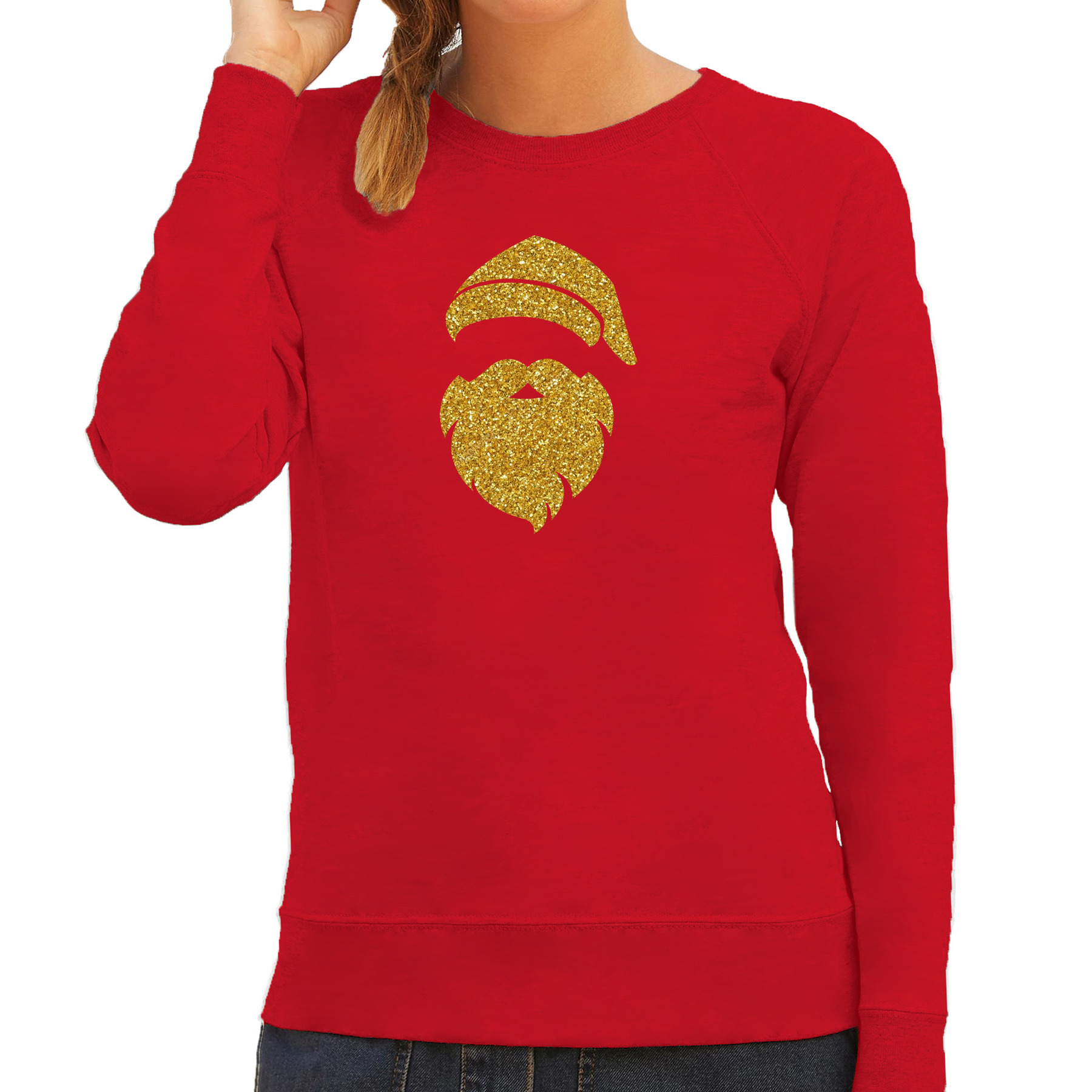 Kerstman hoofd Kerst sweater-trui rood voor dames met gouden glitter bedrukking