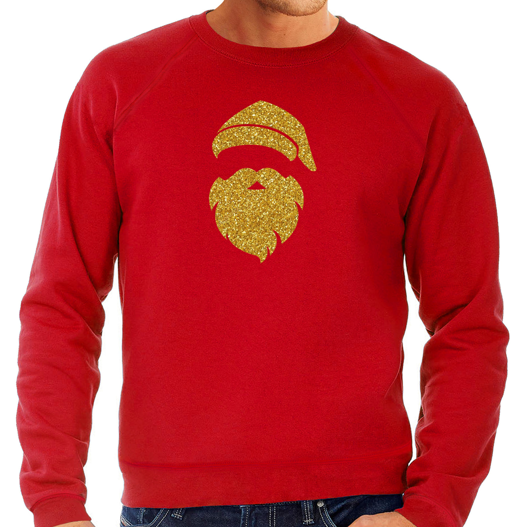 Kerstman hoofd Kerst sweater-trui rood voor heren met gouden glitter bedrukking
