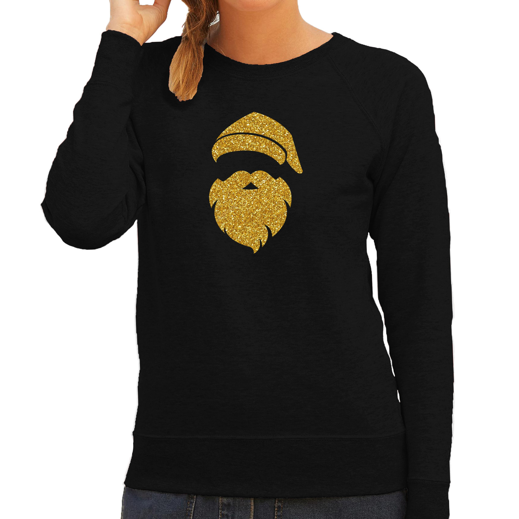 Kerstman hoofd Kerst sweater-trui zwart voor dames met gouden glitter bedrukking