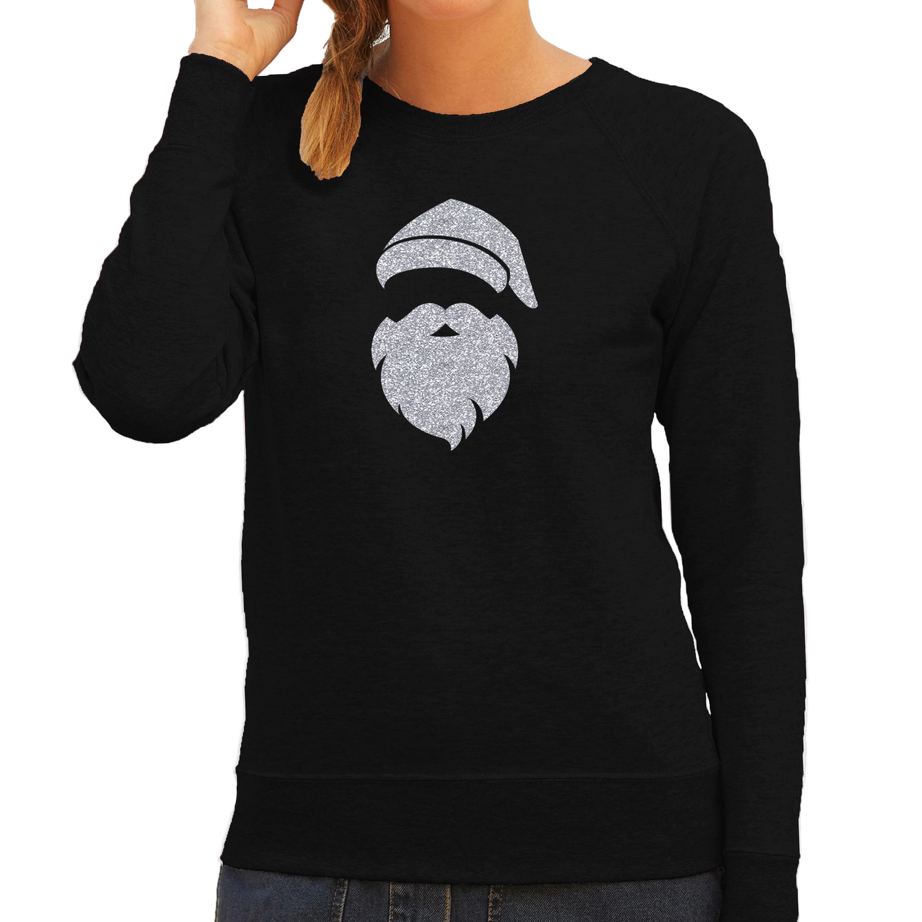 Kerstman hoofd Kerst sweater-trui zwart voor dames met zilveren glitter bedrukking