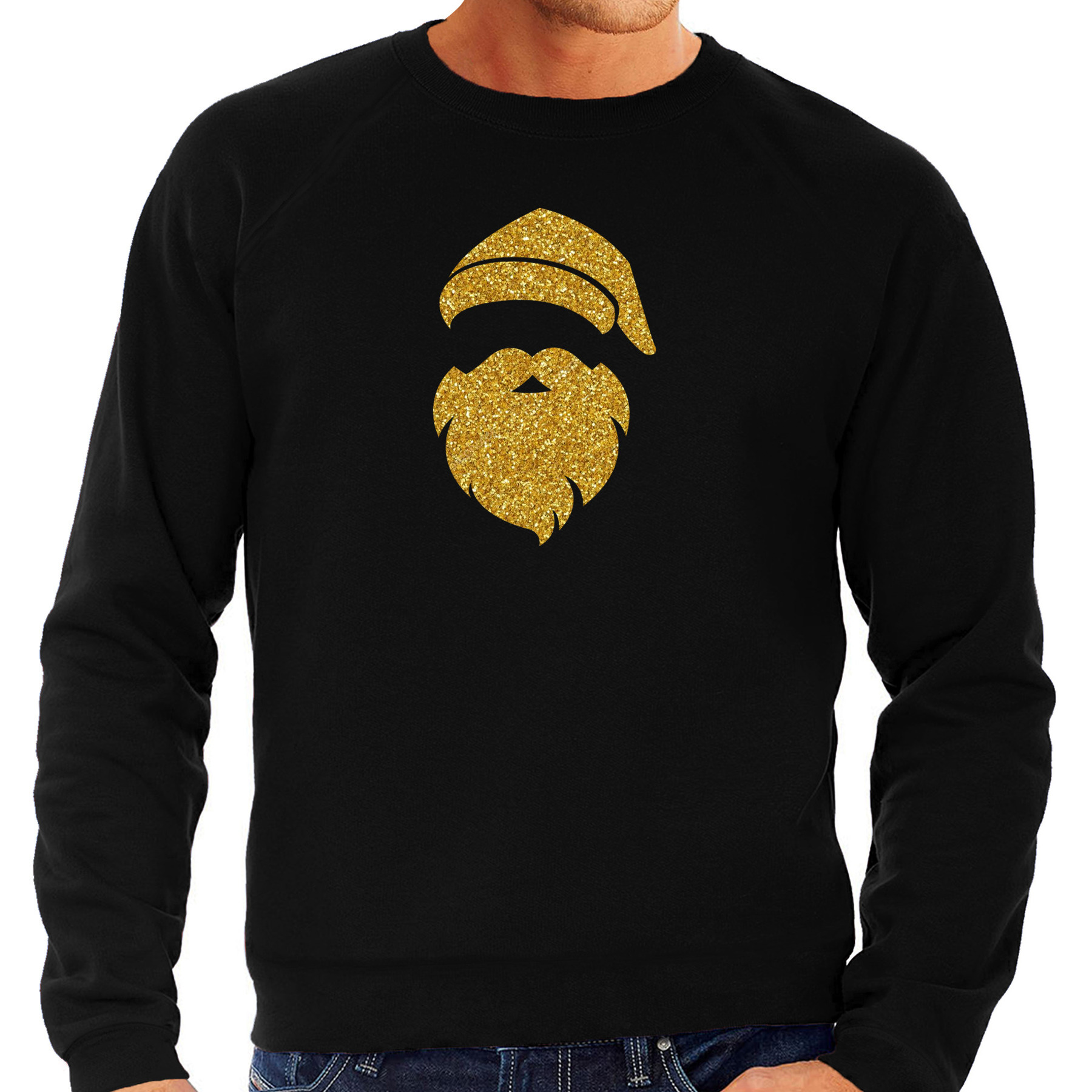 Kerstman hoofd Kerst sweater-trui zwart voor heren met gouden glitter bedrukking