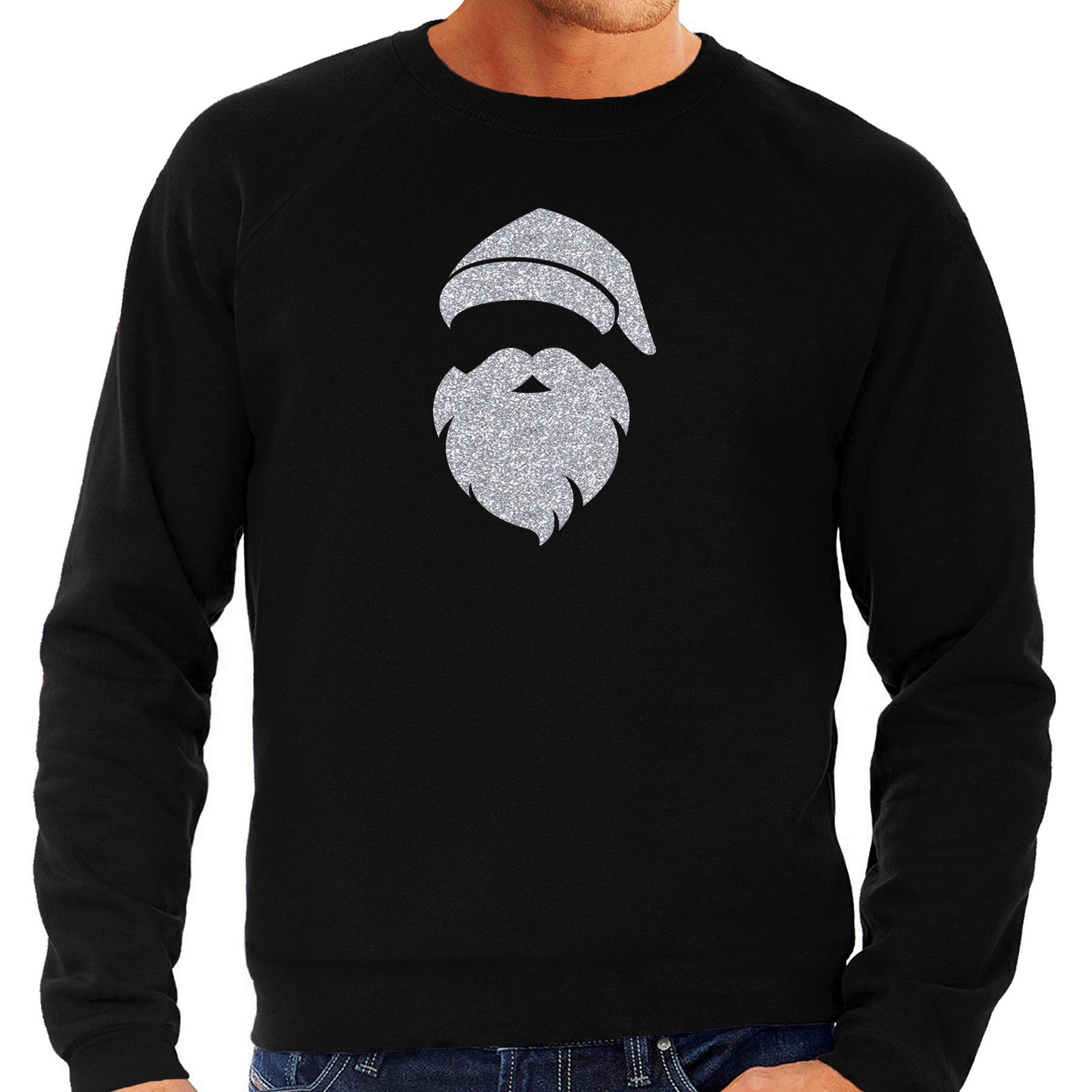 Kerstman hoofd Kerst sweater-trui zwart voor heren met zilveren glitter bedrukking