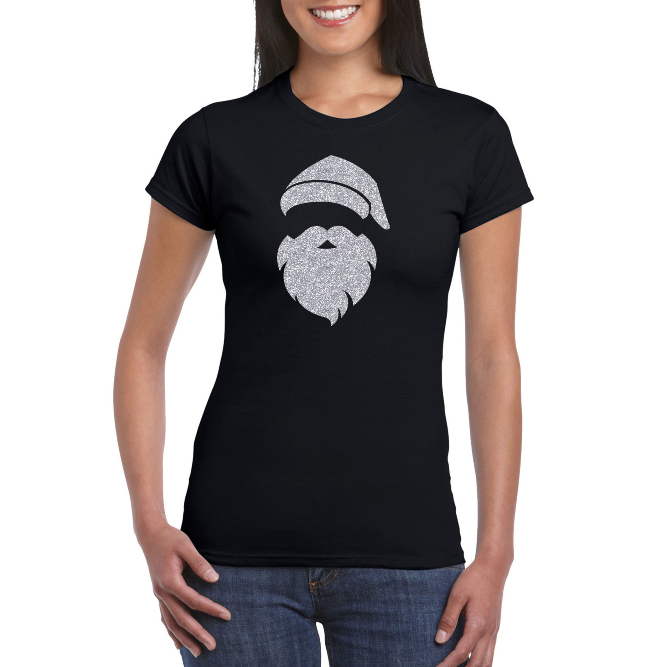 Kerstman hoofd Kerst t-shirt zwart voor dames met zilveren glitter bedrukking