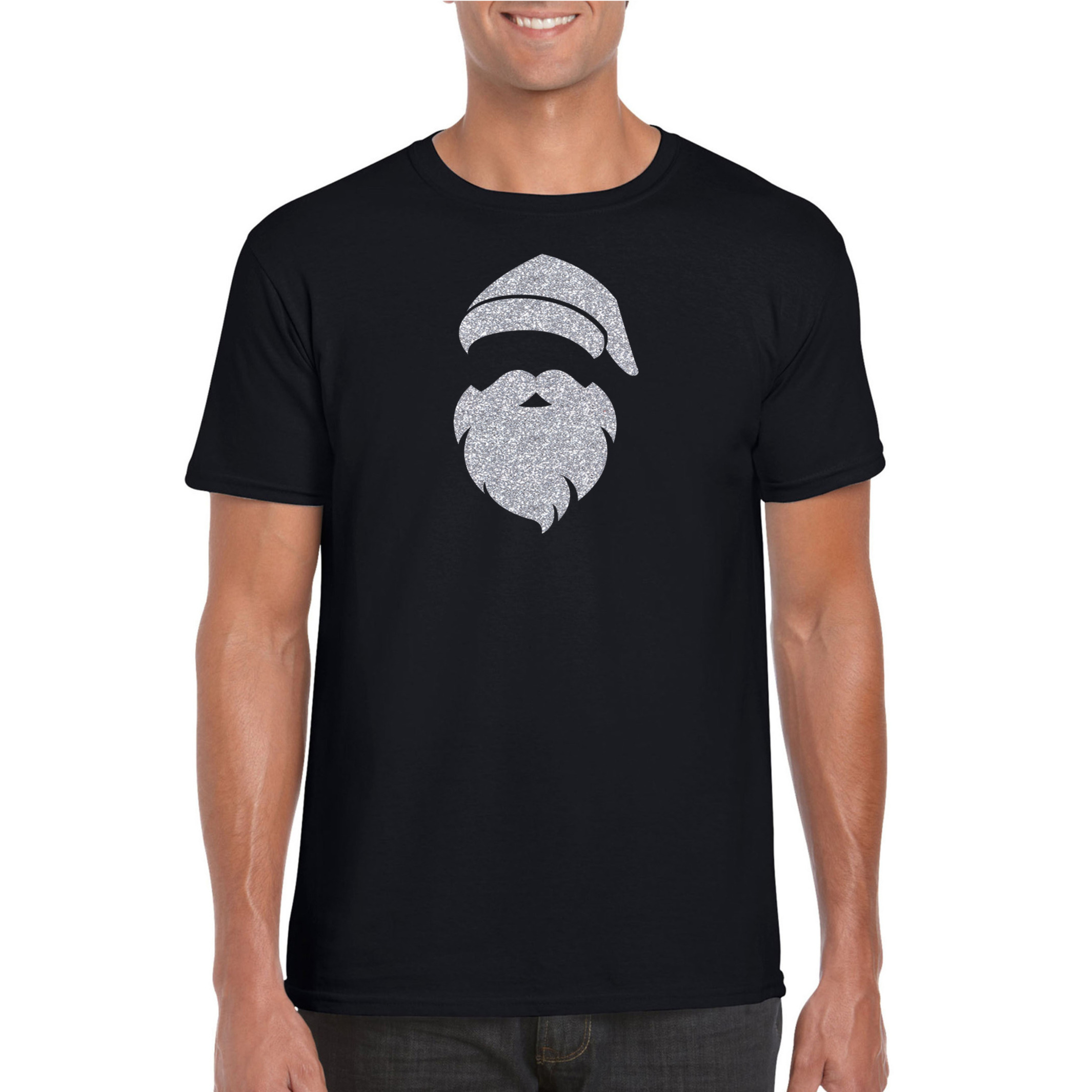 Kerstman hoofd Kerst t-shirt zwart voor heren met zilveren glitter bedrukking