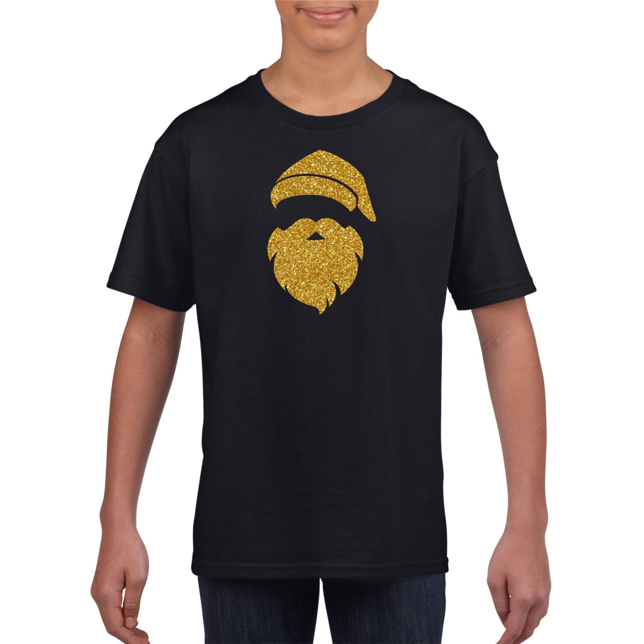 Kerstman hoofd Kerst t-shirt zwart voor kinderen met gouden glitter bedrukking
