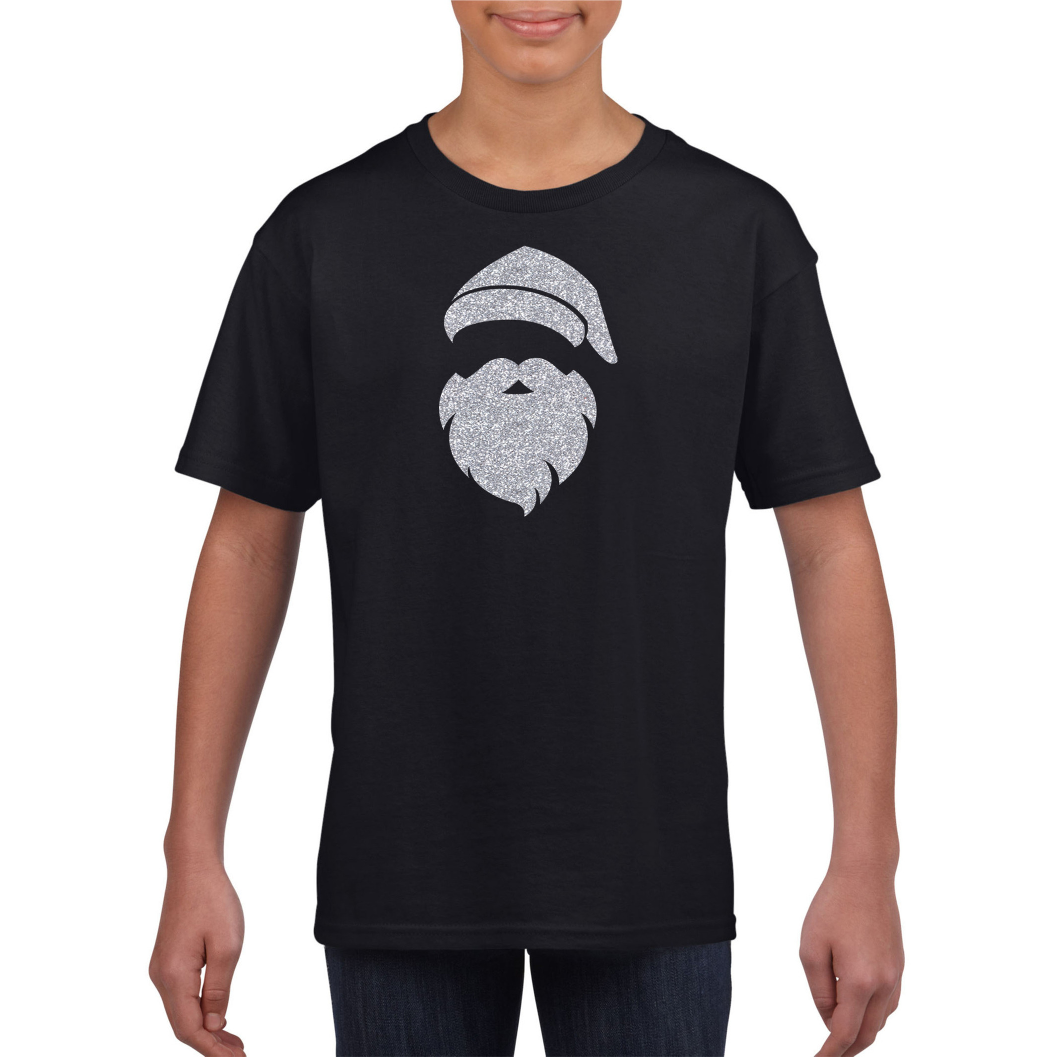Kerstman hoofd Kerst t-shirt zwart voor kinderen met zilveren glitter bedrukking