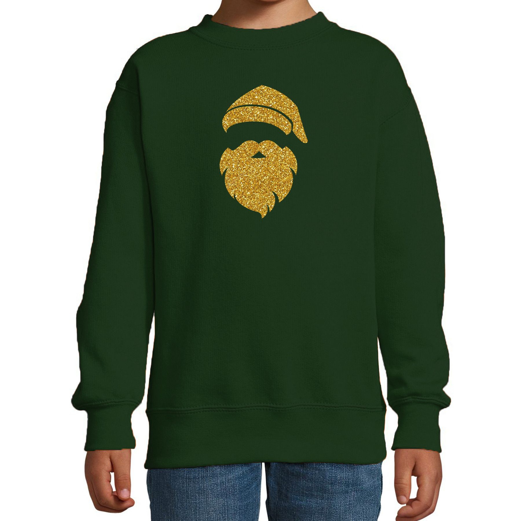 Kerstman hoofd Kerstsweater-Kersttrui groen voor kinderen met gouden glitter bedrukking