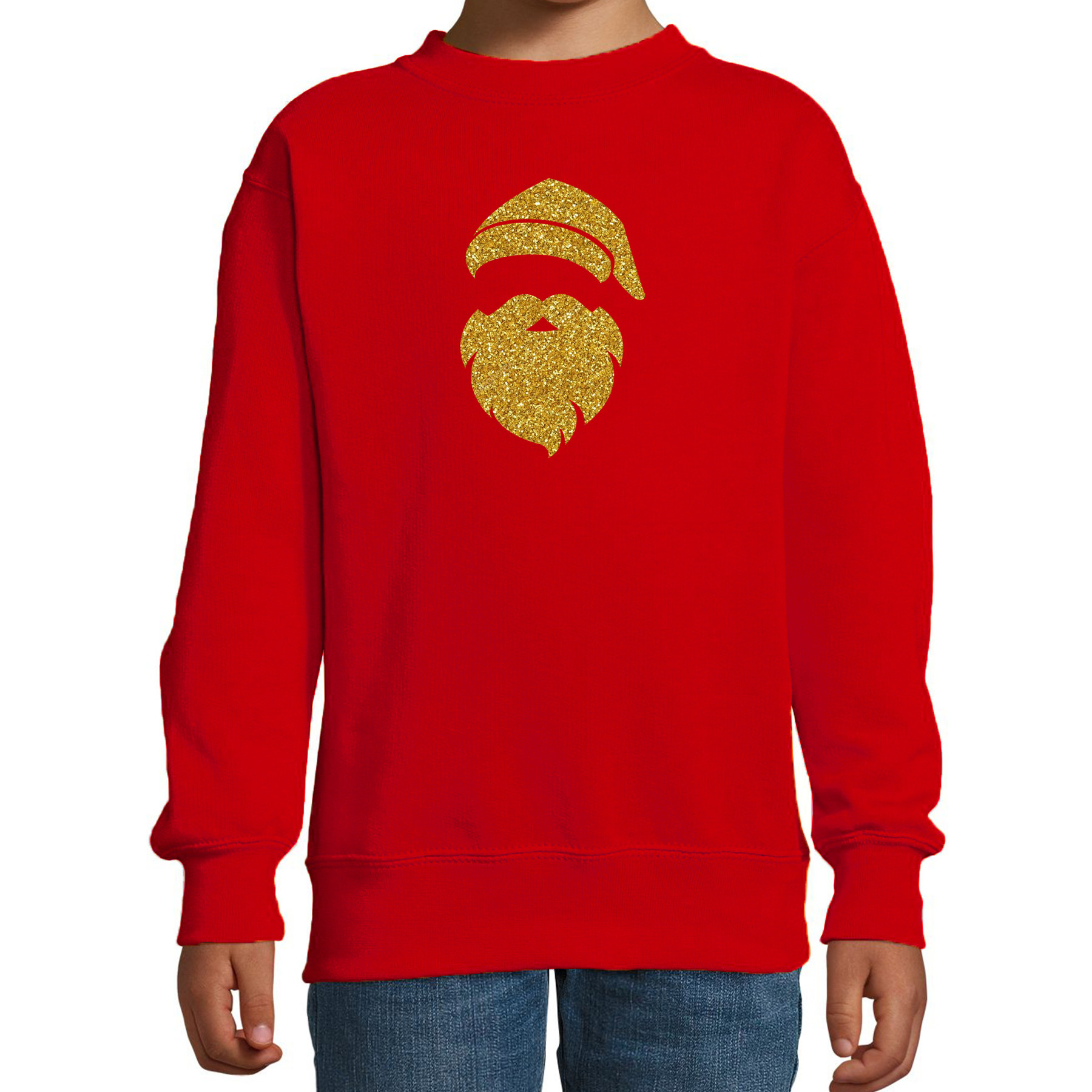 Kerstman hoofd Kerstsweater-Kersttrui rood voor kinderen met gouden glitter bedrukking
