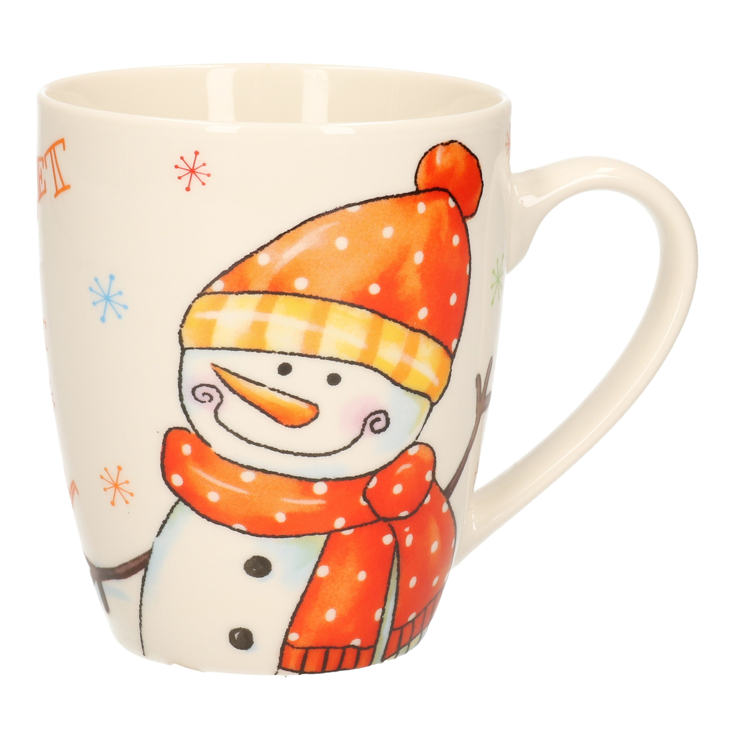 Kerstmok-wintermok sneeuwpop met oranje muts en sjaal van poreselein 10 cm
