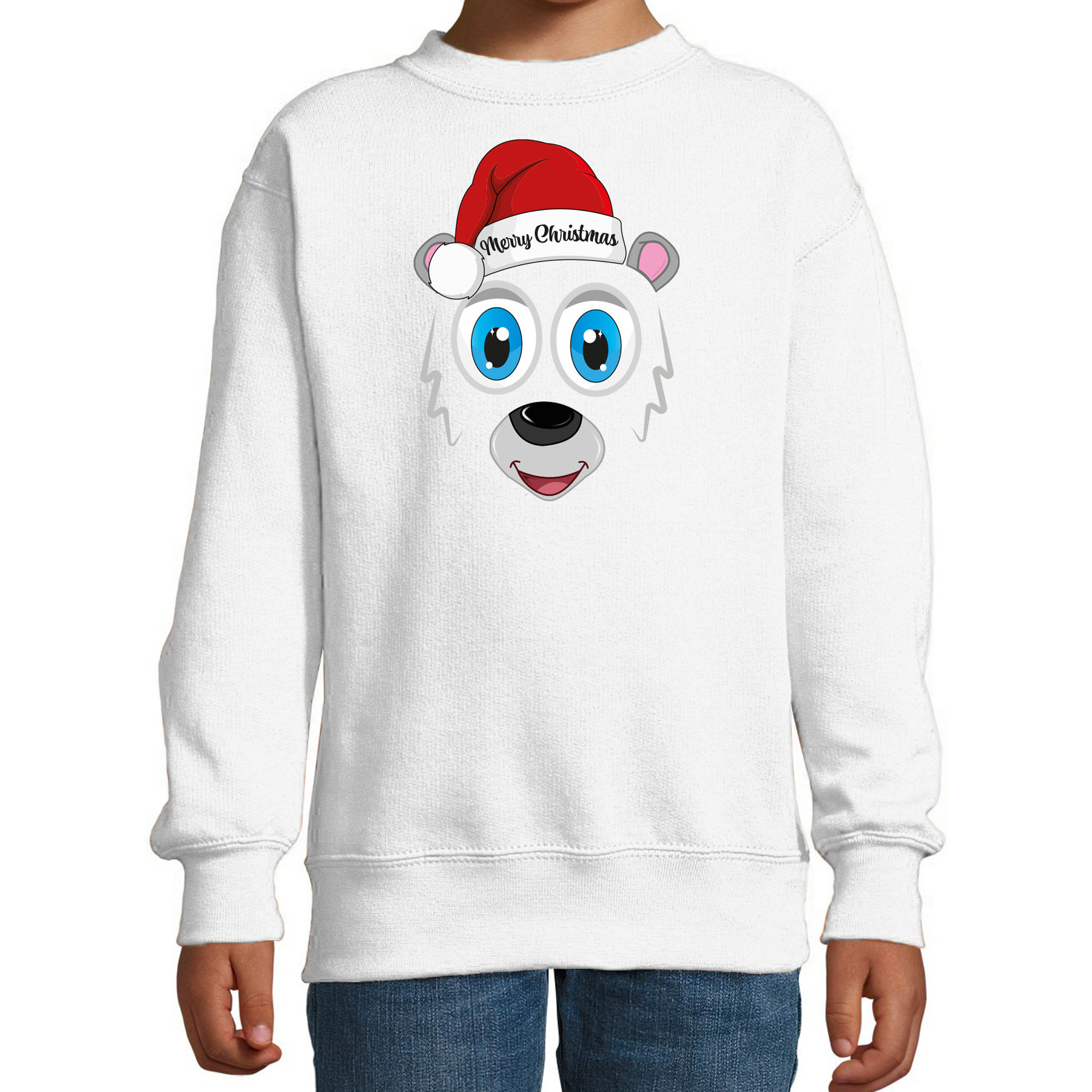 Kersttrui-sweater voor kinderen IJsbeer gezicht Merry Christmas wit