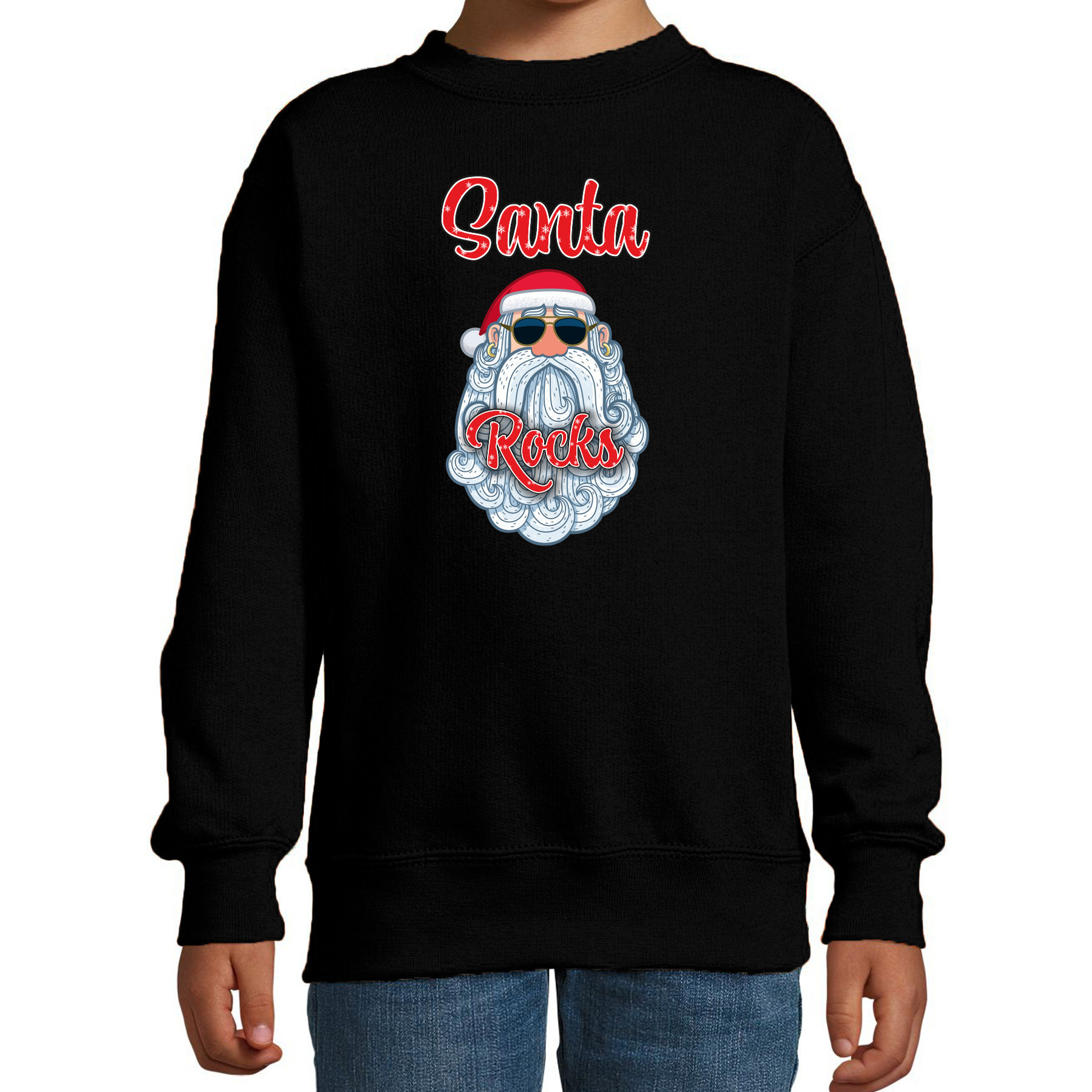 Kersttrui-sweater voor kinderen Kerstman Santa Rocks zwart