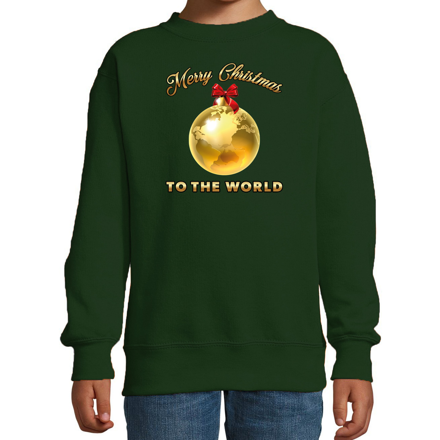 Kersttrui-sweater voor kinderen Merry Christmas wereld groen