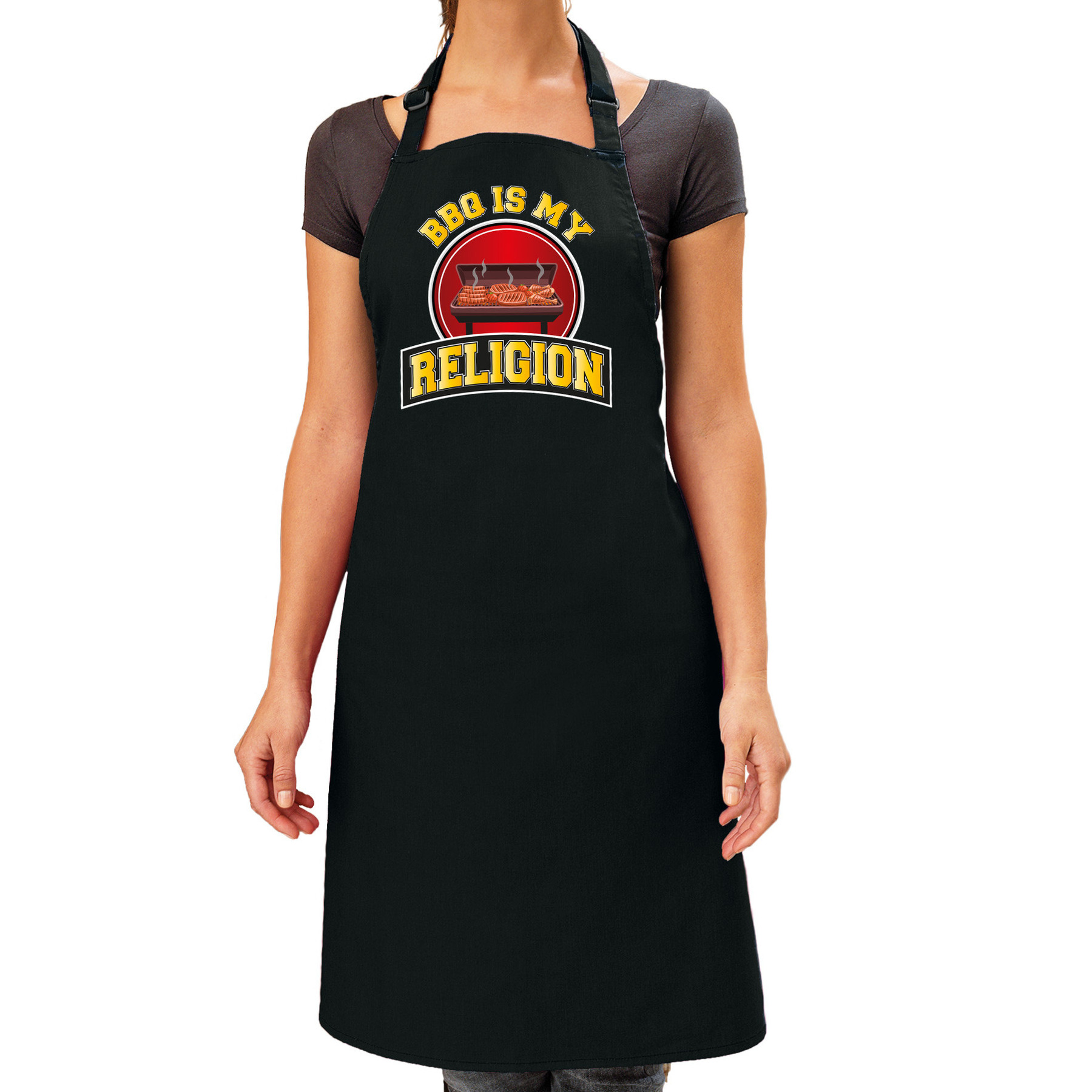 Keukenschort-barbecue schort voor dames BBQ is my religion zwart cadeau Moederdag barbeque