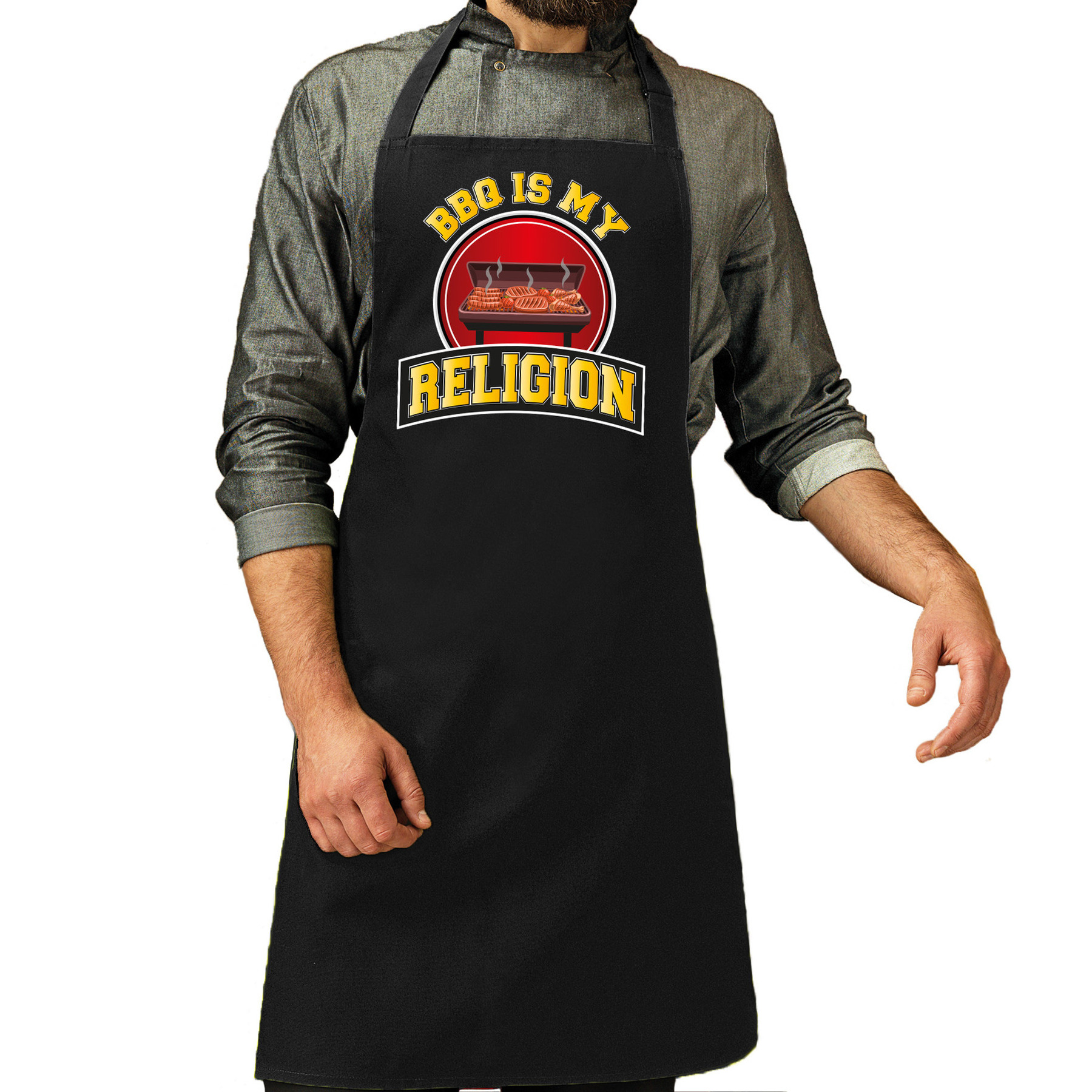 Keukenschort-barbecue schort voor heren BBQ is my religion zwart cadeau Vaderdag barbeque