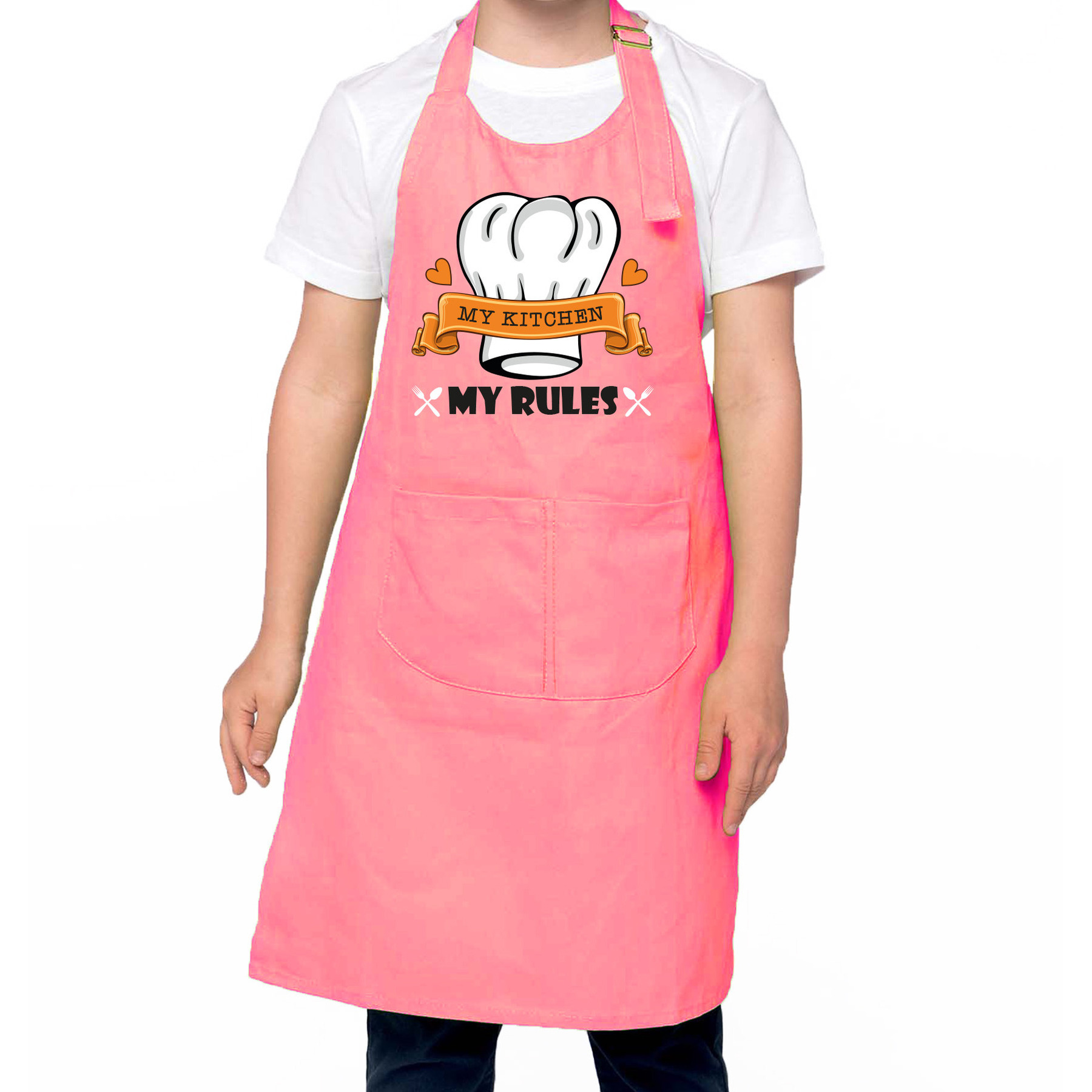 Keukenschort voor kinderen my kitchen my rules roze unisex keukenprinses-keukenprins