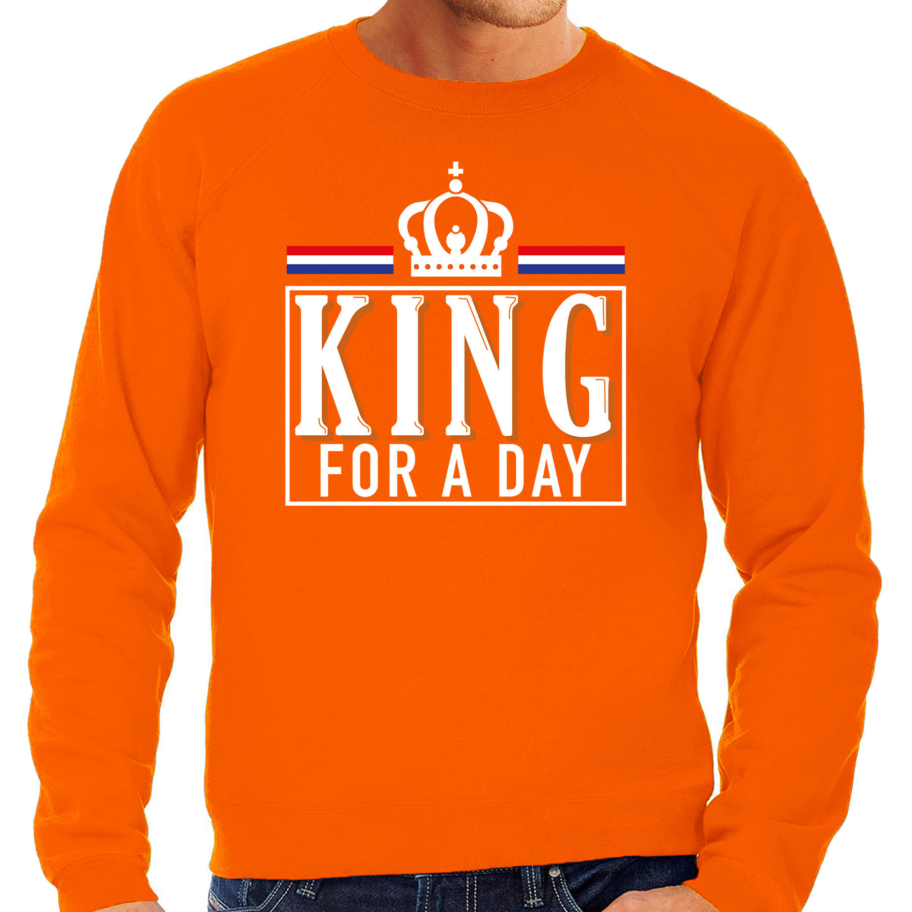 King for a day sweater oranje met witte letters voor heren Koningsdag truien