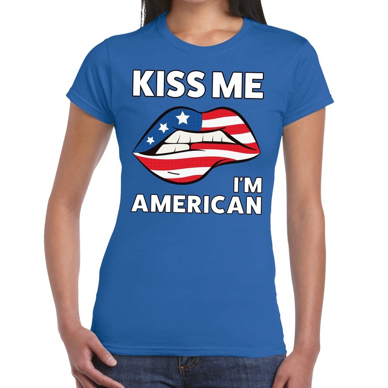 Kiss me I am American t-shirt blauw dames