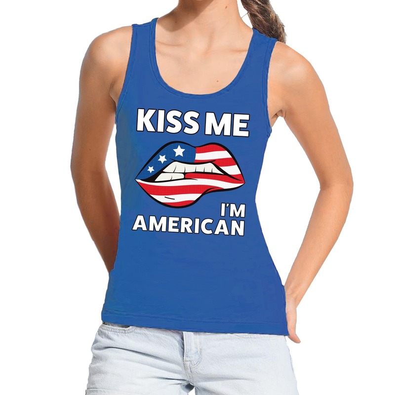 Kiss me I am American tanktop-mouwloos shirt blauw dames