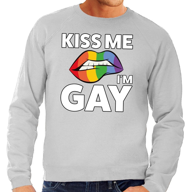 Kiss me i am gay sweater shirt grijs voor heren