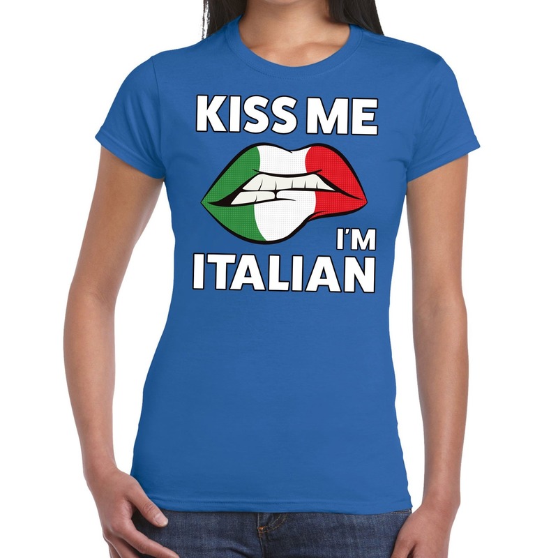 Kiss me I am Italian t-shirt blauw dames