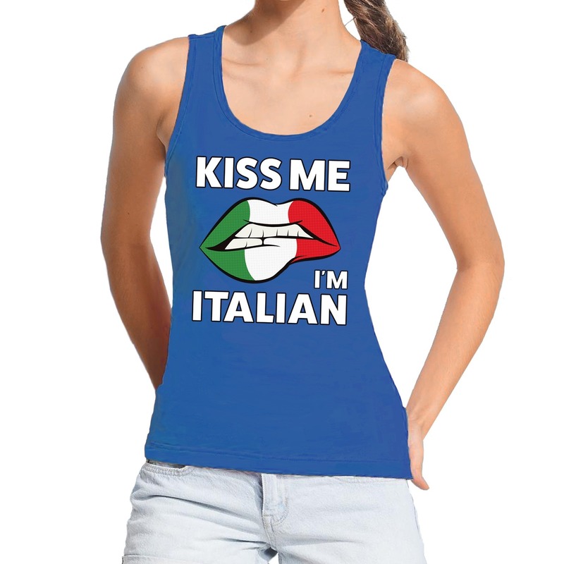 Kiss me I am Italian tanktop-mouwloos shirt blauw dames