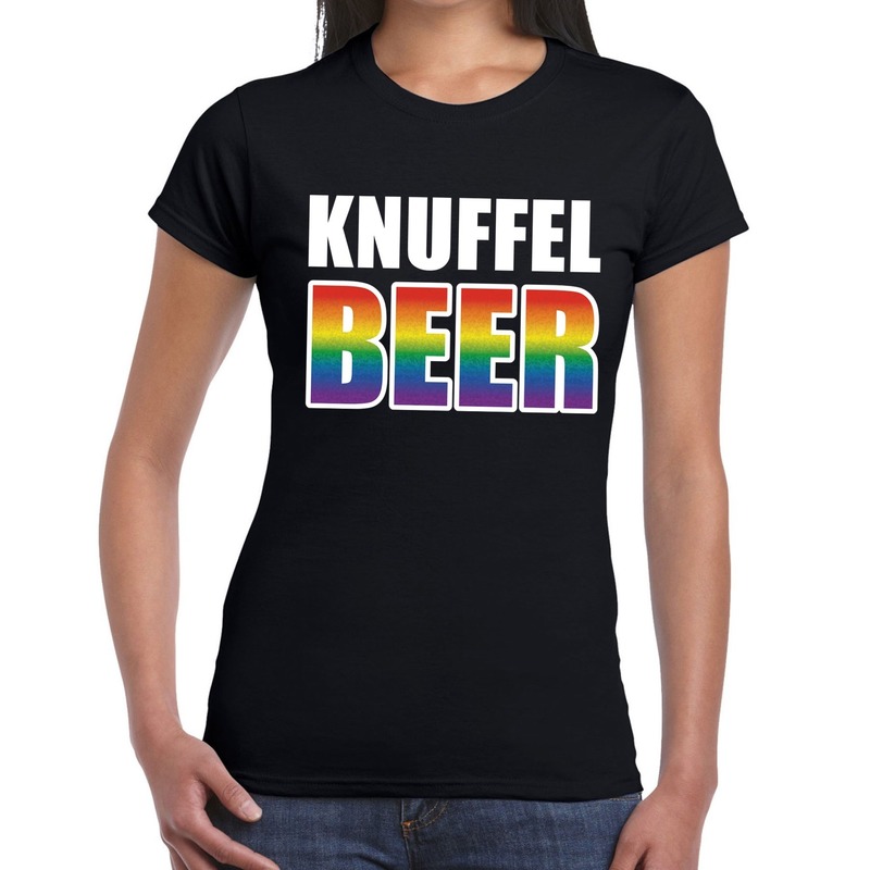 Knuffel beer gay pride t-shirt zwart voor dames