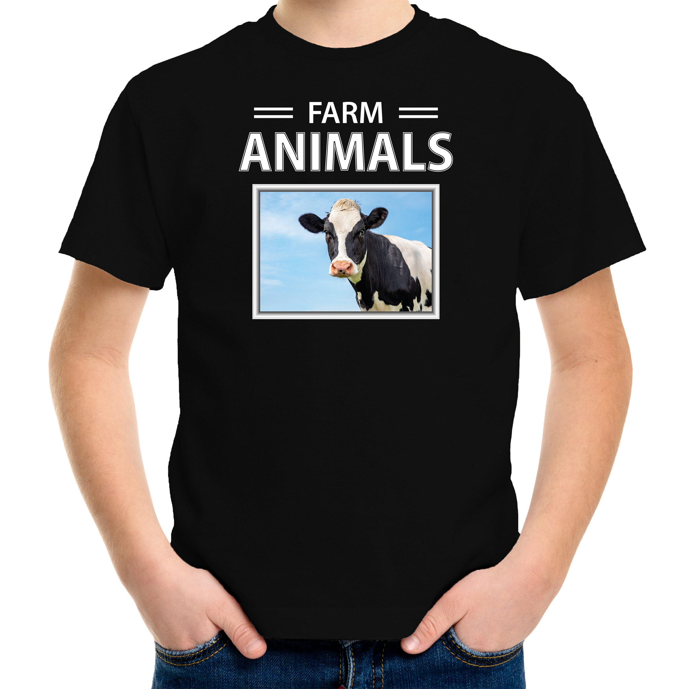 Koeien t-shirt met dieren foto farm animals zwart voor kinderen