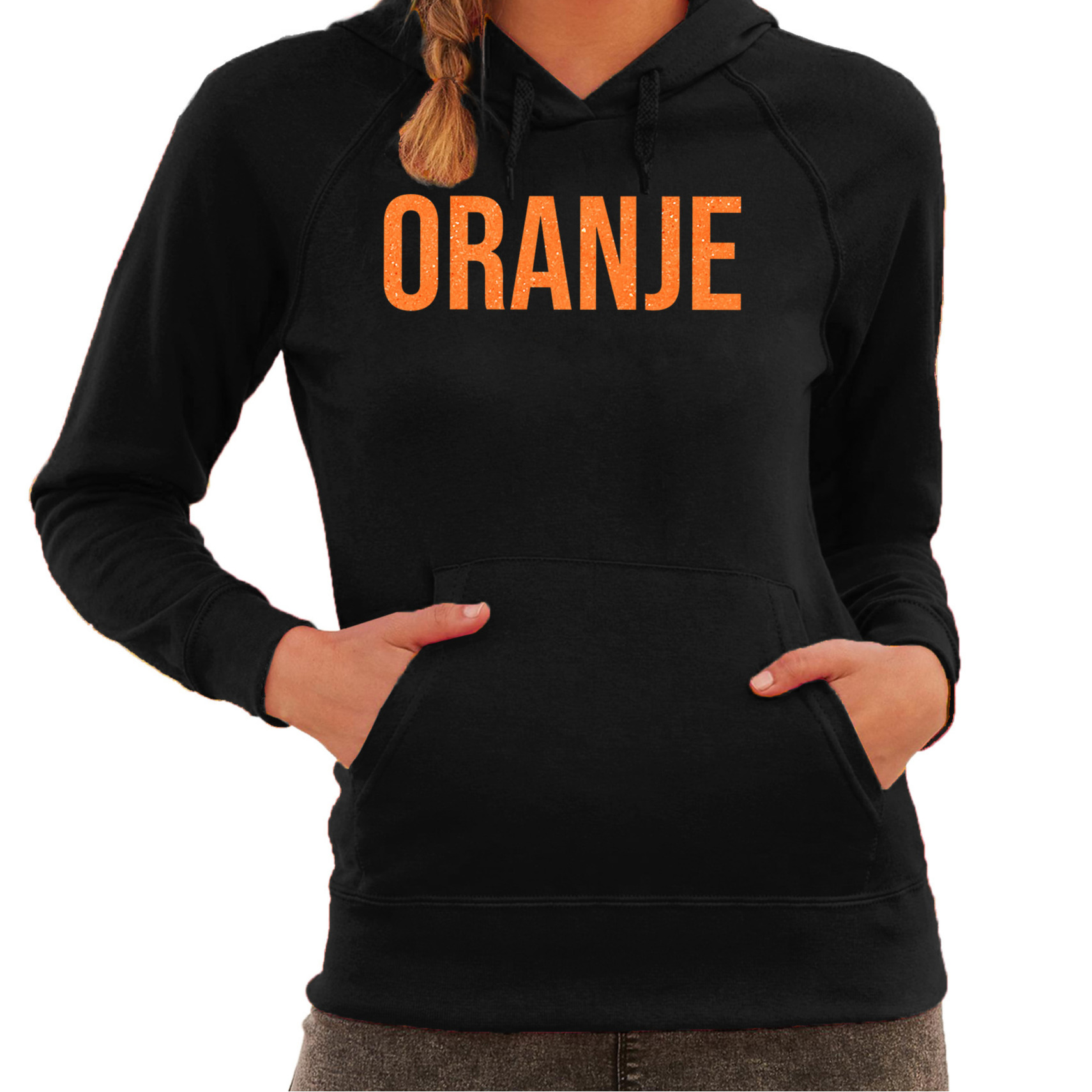 Koningsdag hoodie voor dames oranje zwart met glitters oranje feestkleding