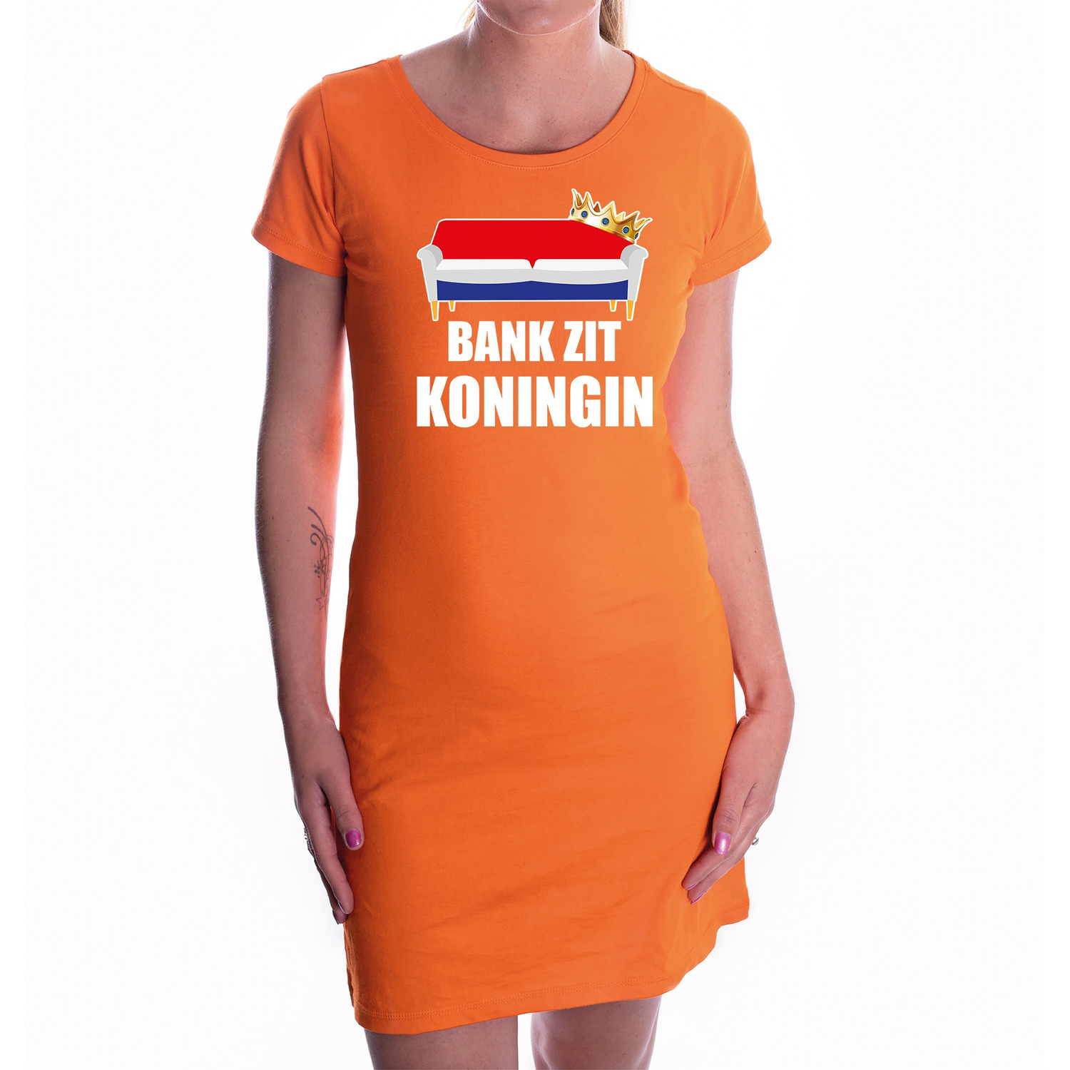 Koningsdag jurk oranje bank zit koningin voor dames