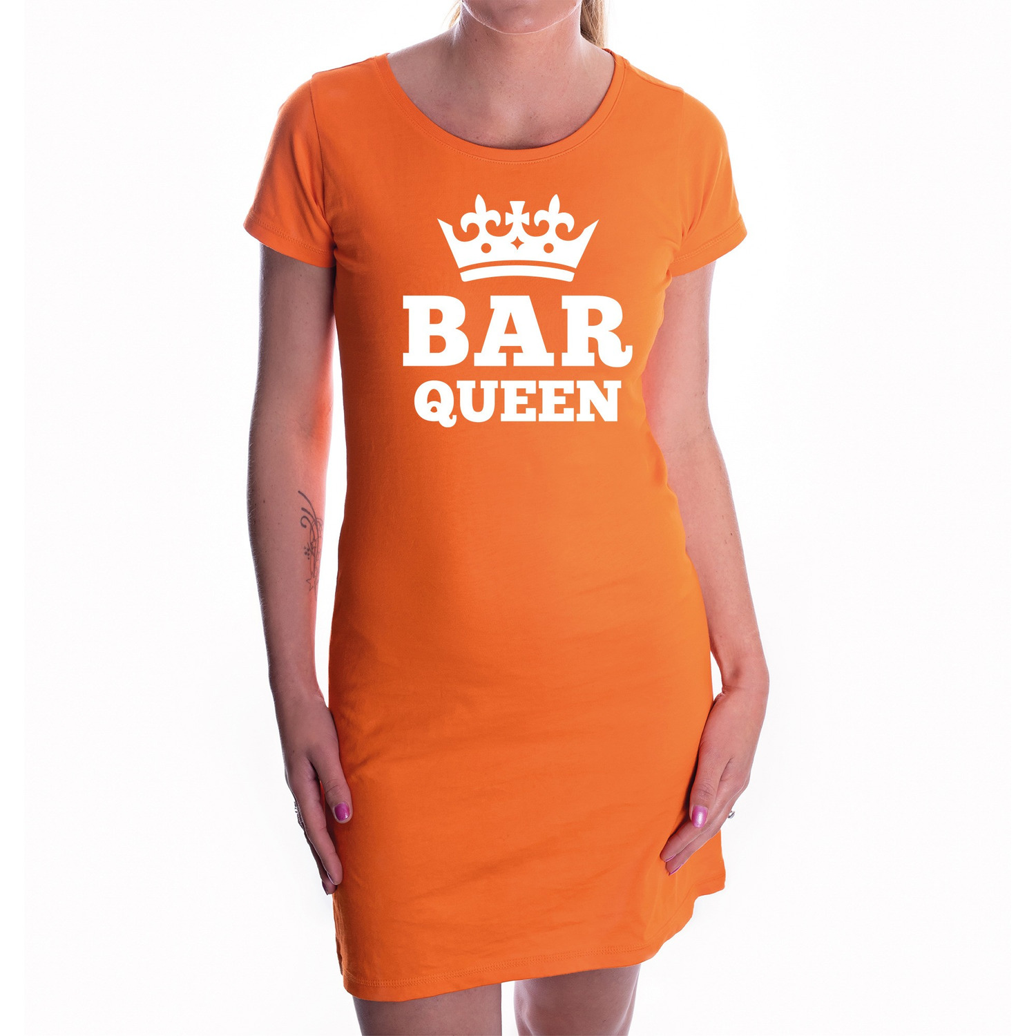 Koningsdag jurk oranje Bar queen met kroon voor dames