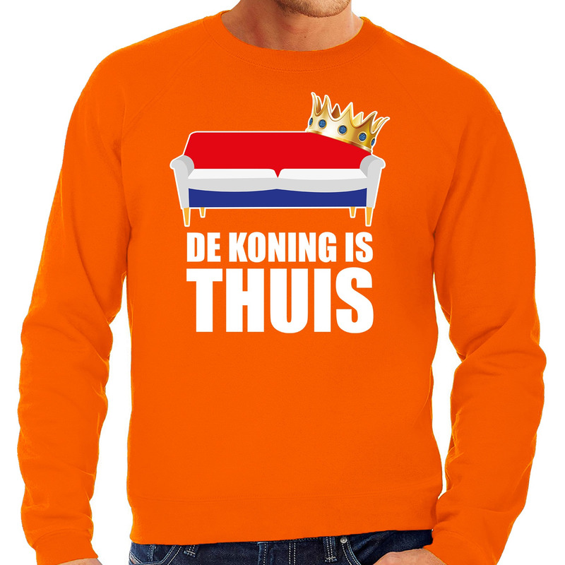 Koningsdag sweater de Koning is thuis oranje voor heren
