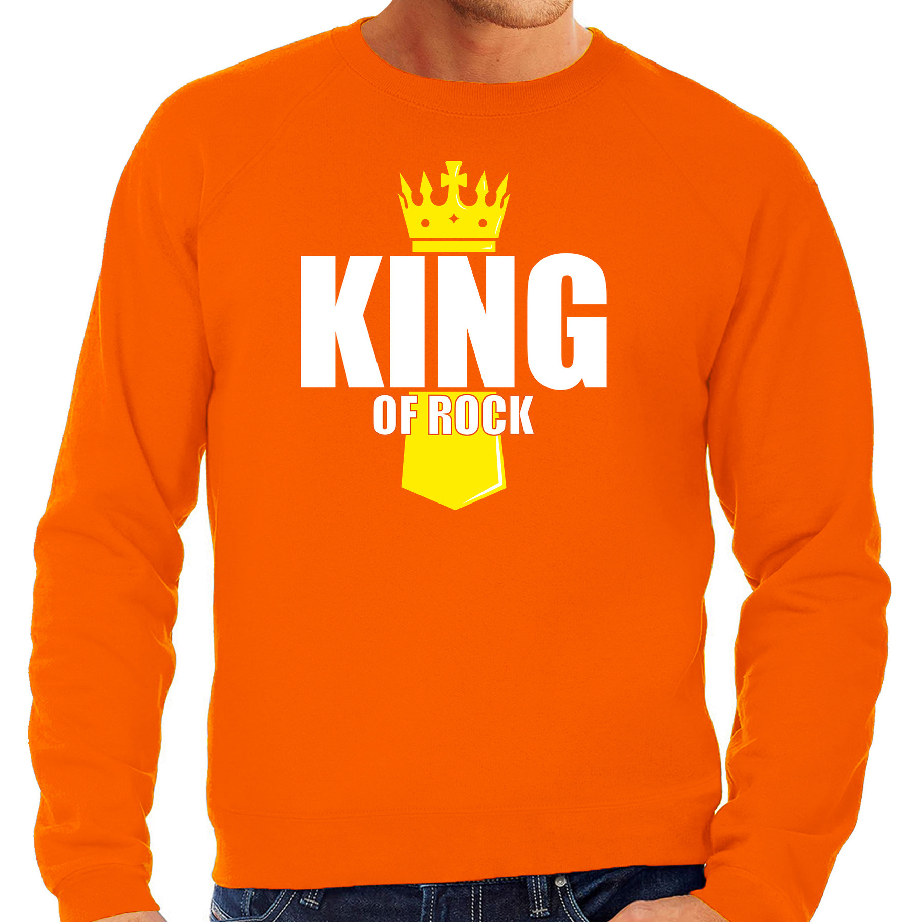 Koningsdag sweater-trui King of rock met kroontje oranje voor heren