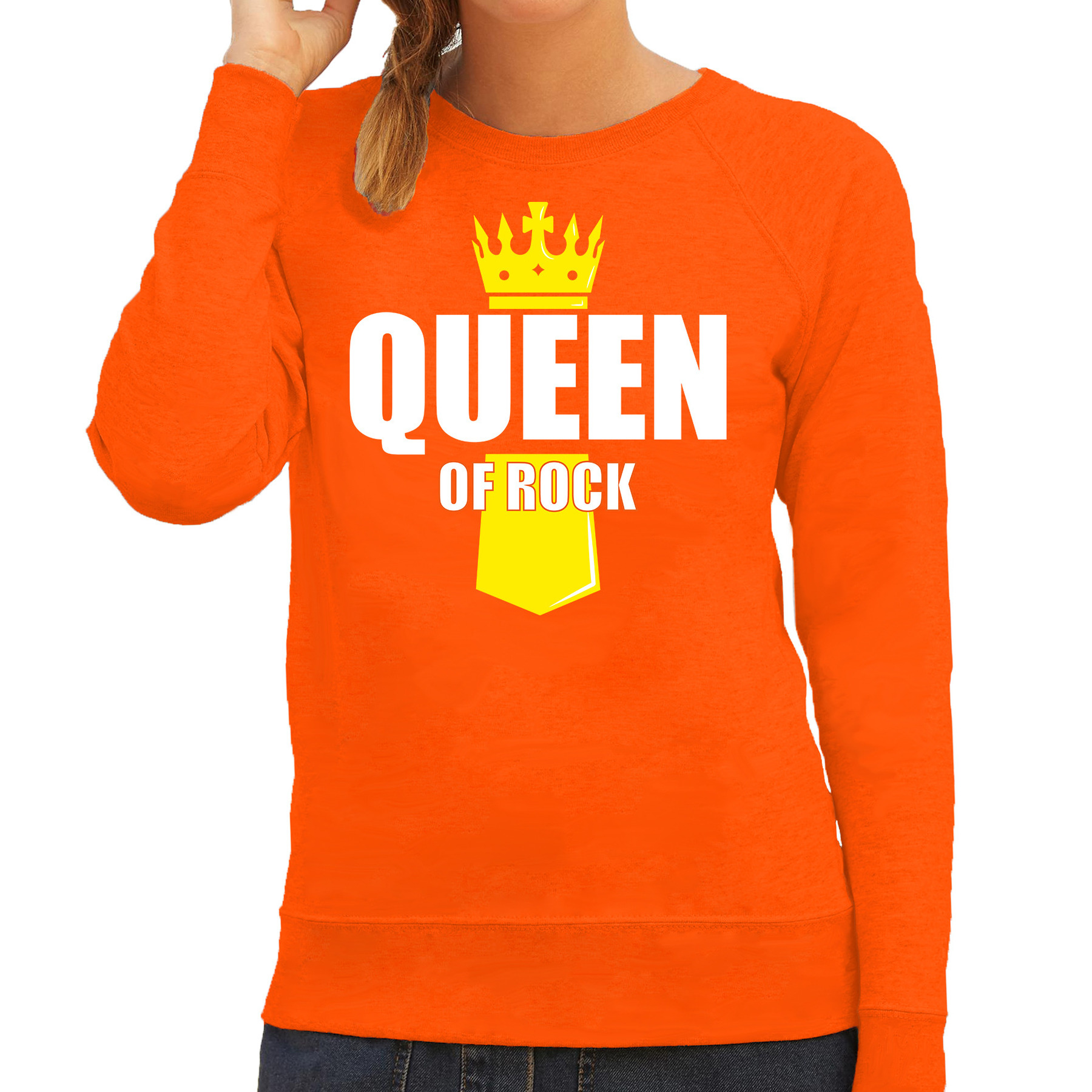 Koningsdag sweater-trui Queen of rock met kroontje oranje voor dames