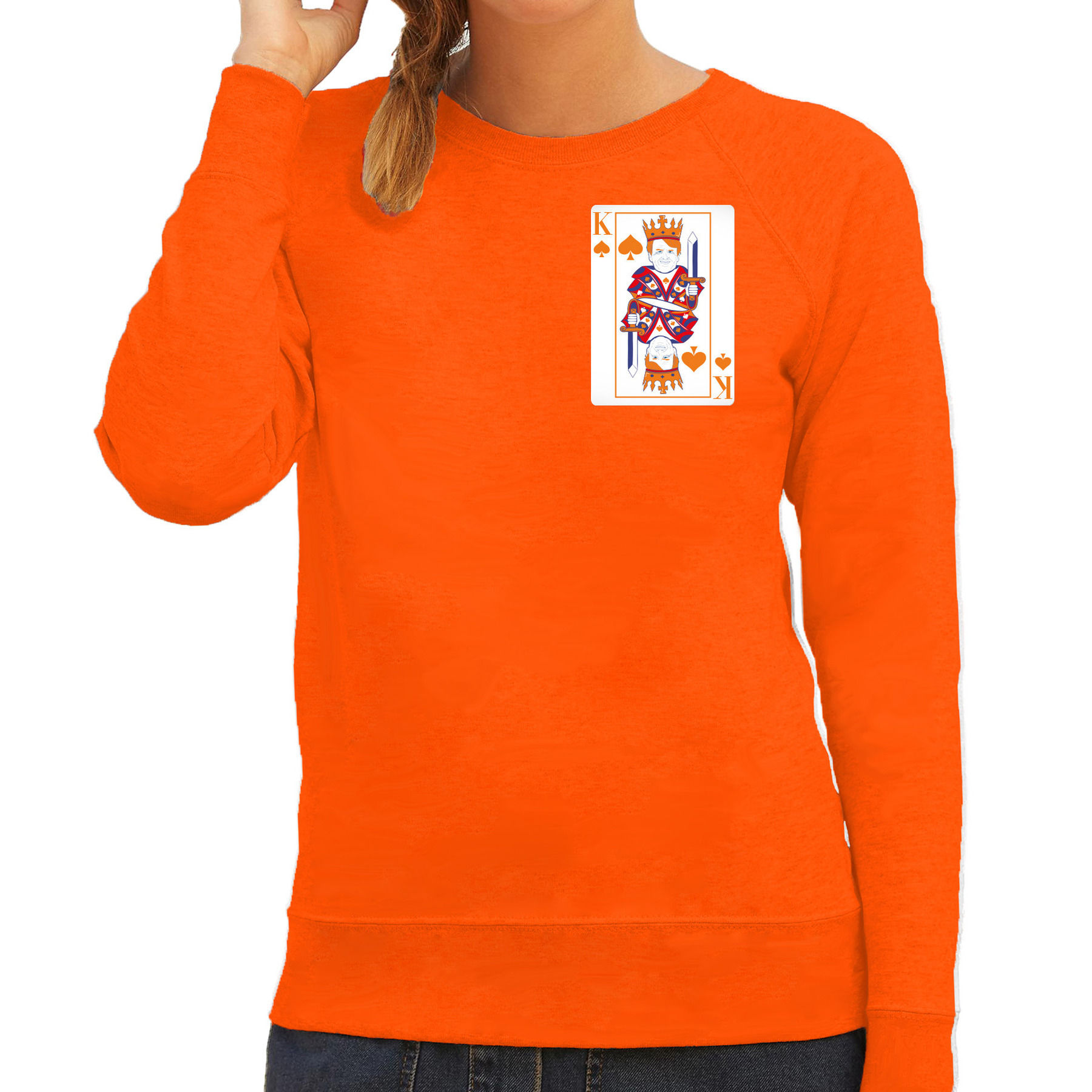 Koningsdag sweater voor dames kaarten koning oranje feestkleding