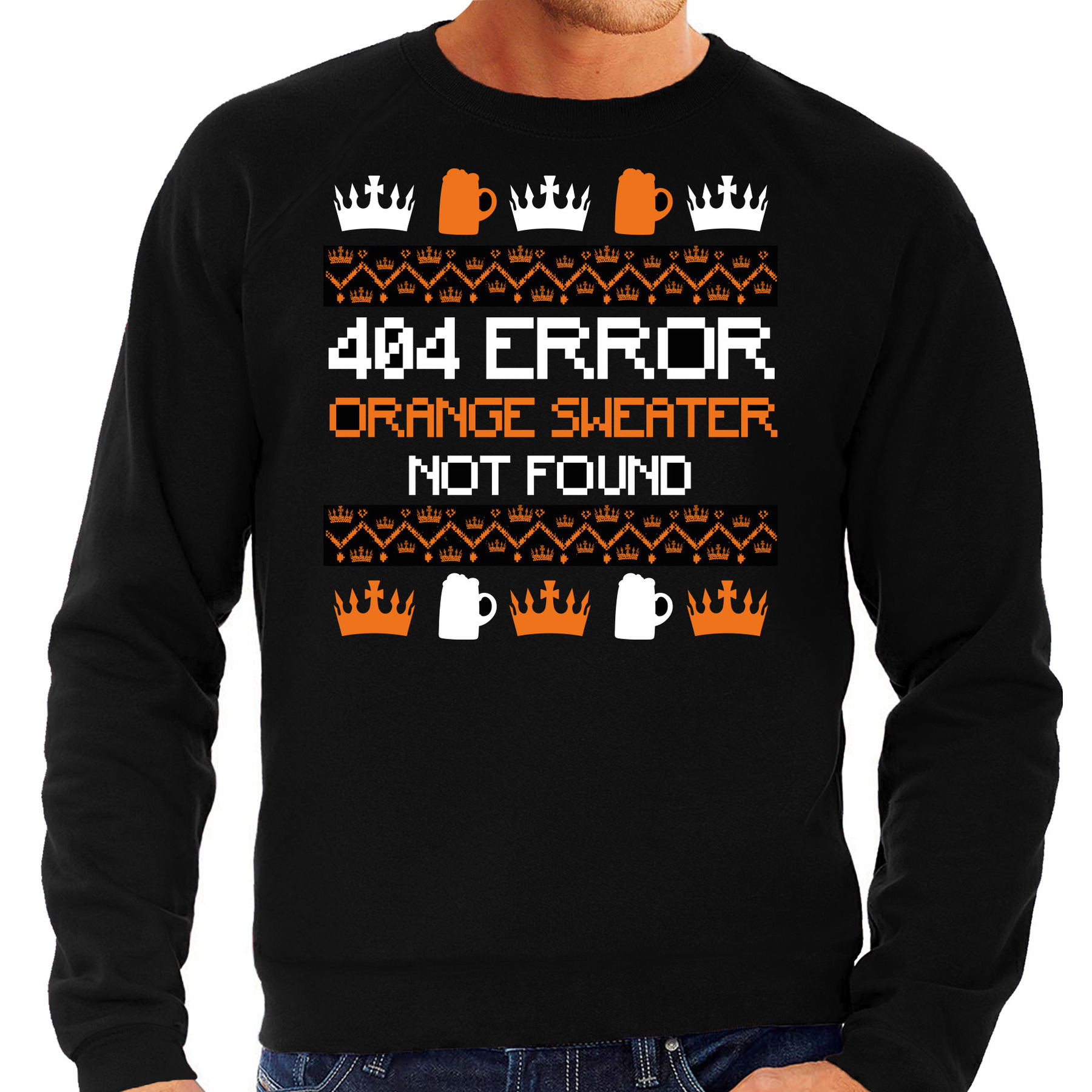 Koningsdag sweater voor heren 404 error not found zwart oranje feestkleding