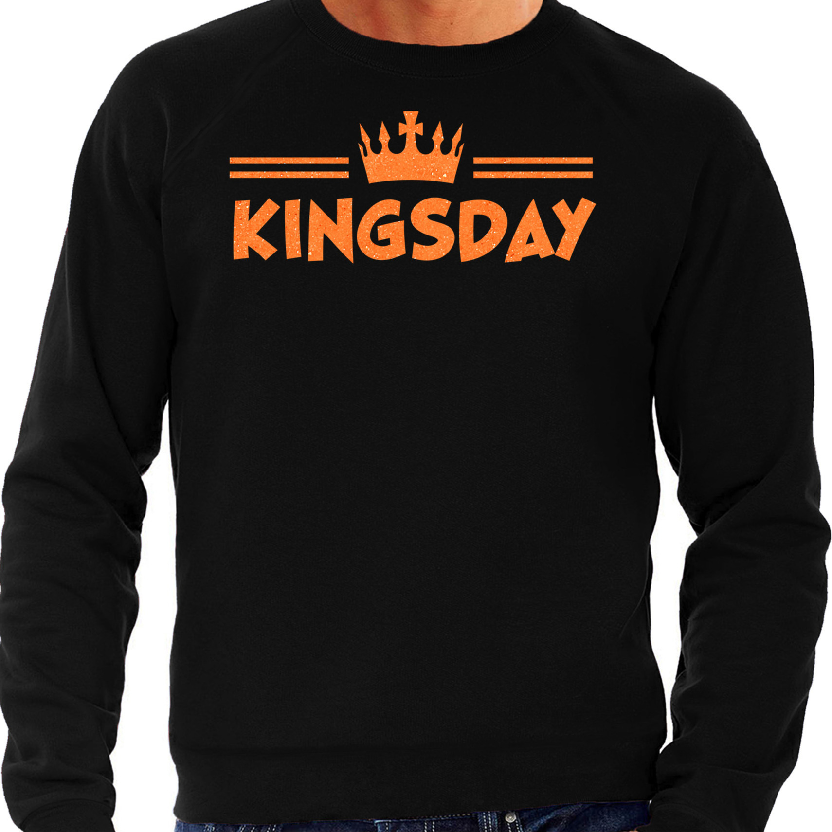 Koningsdag sweater voor heren kingsday zwart met glitters oranje feestkleding