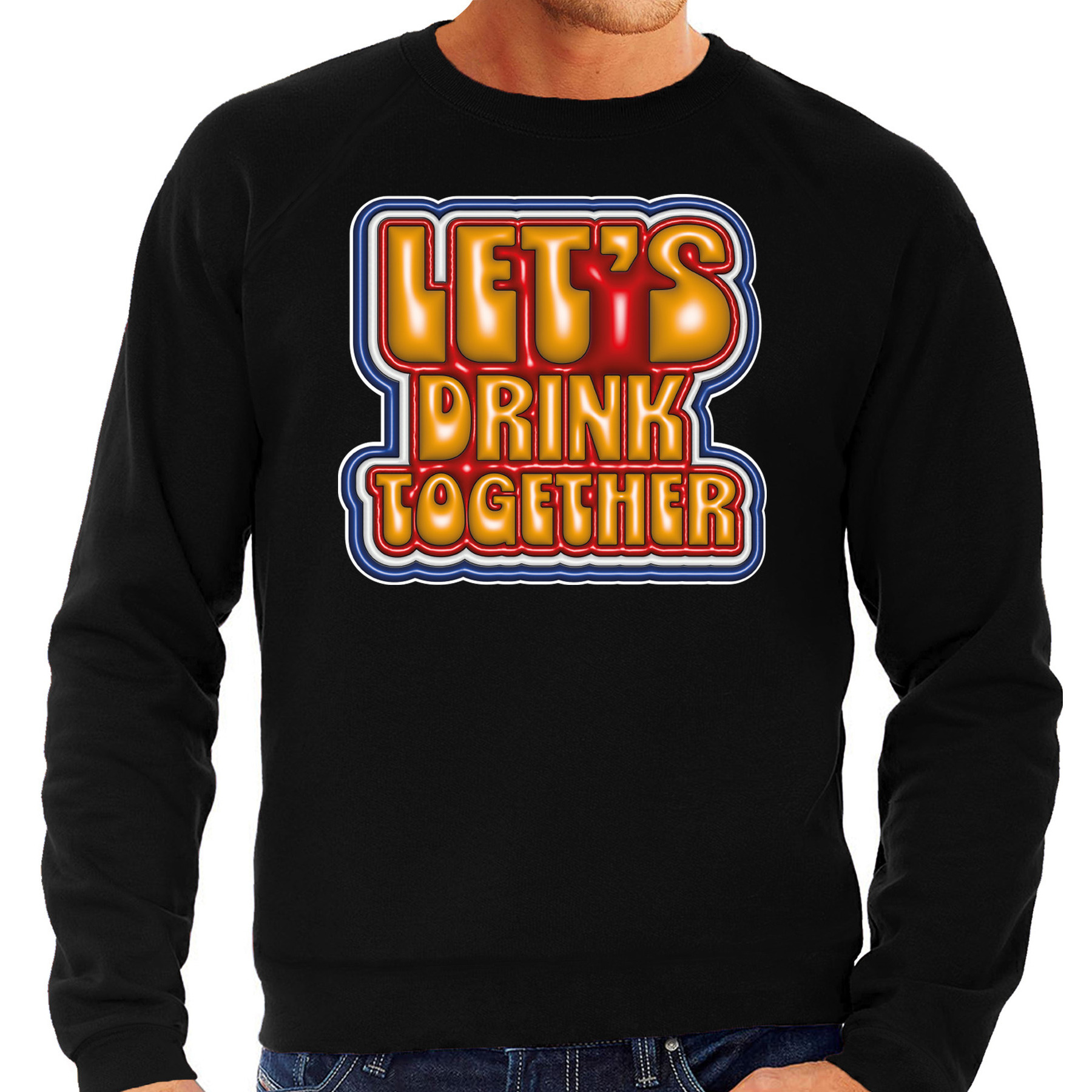 Koningsdag sweater voor heren let's drink together zwart oranje feestkleding