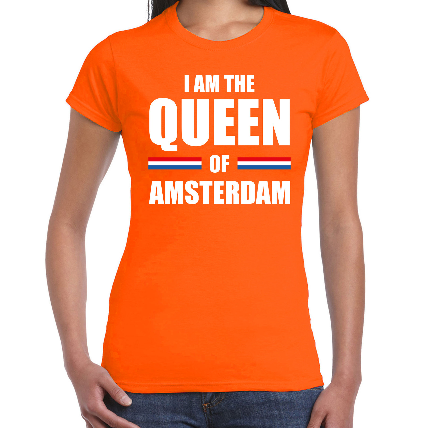 Koningsdag t-shirt I am the Queen of Amsterdam oranje voor dames