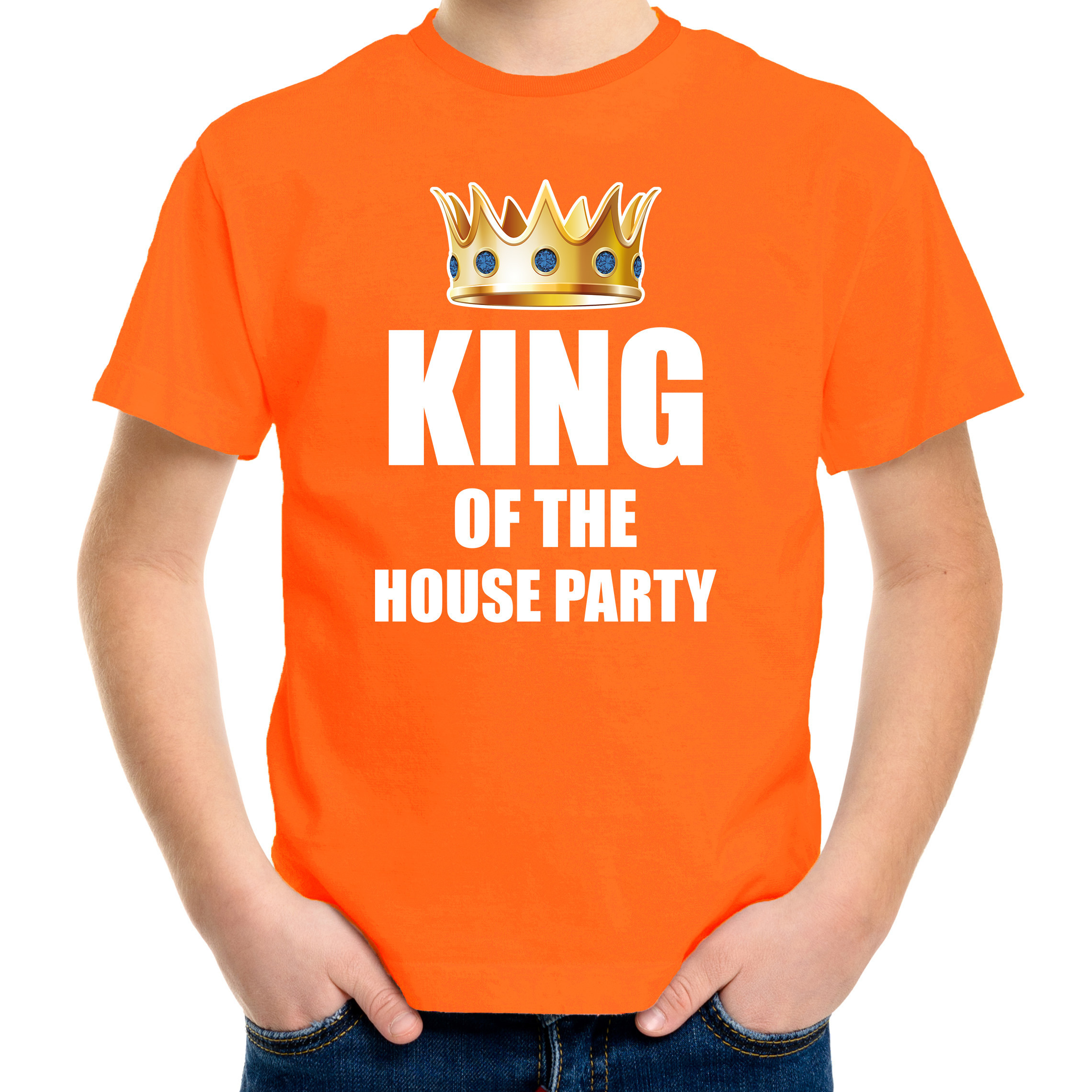 Koningsdag t-shirt King of the house party oranje voor kinderen