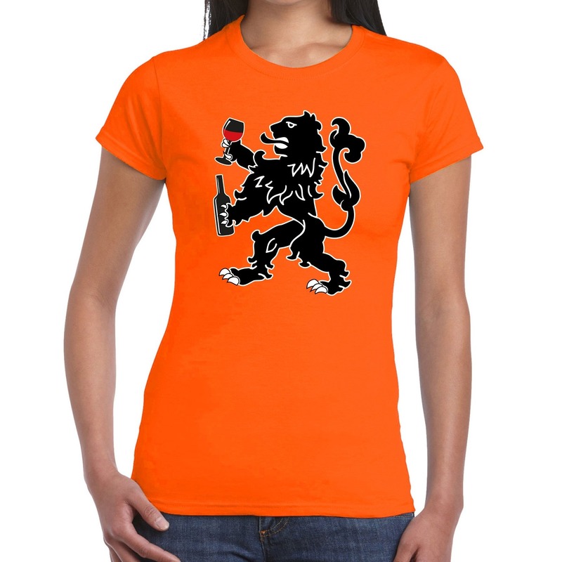 Koningsdag t-shirt oranje wijn drinkende leeuw voor dames