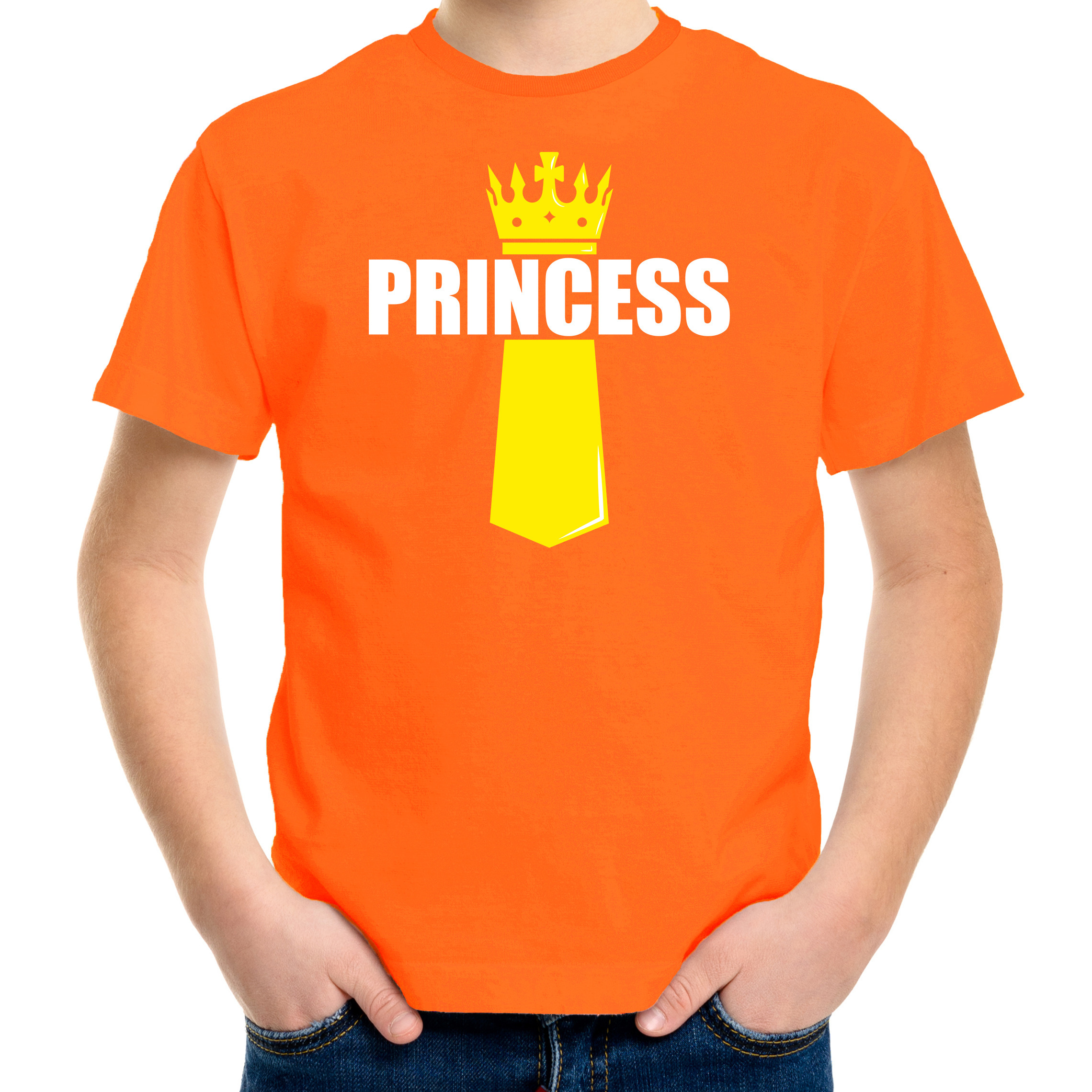 Koningsdag t-shirt Princess met kroontje oranje voor kinderen
