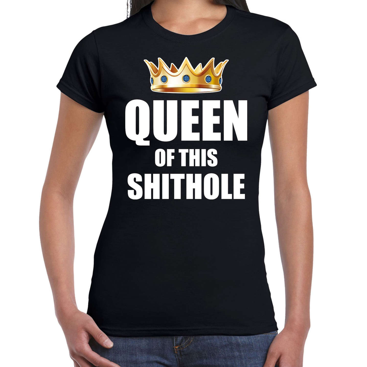 Koningsdag t-shirt Queen of this shit hole zwart voor dames