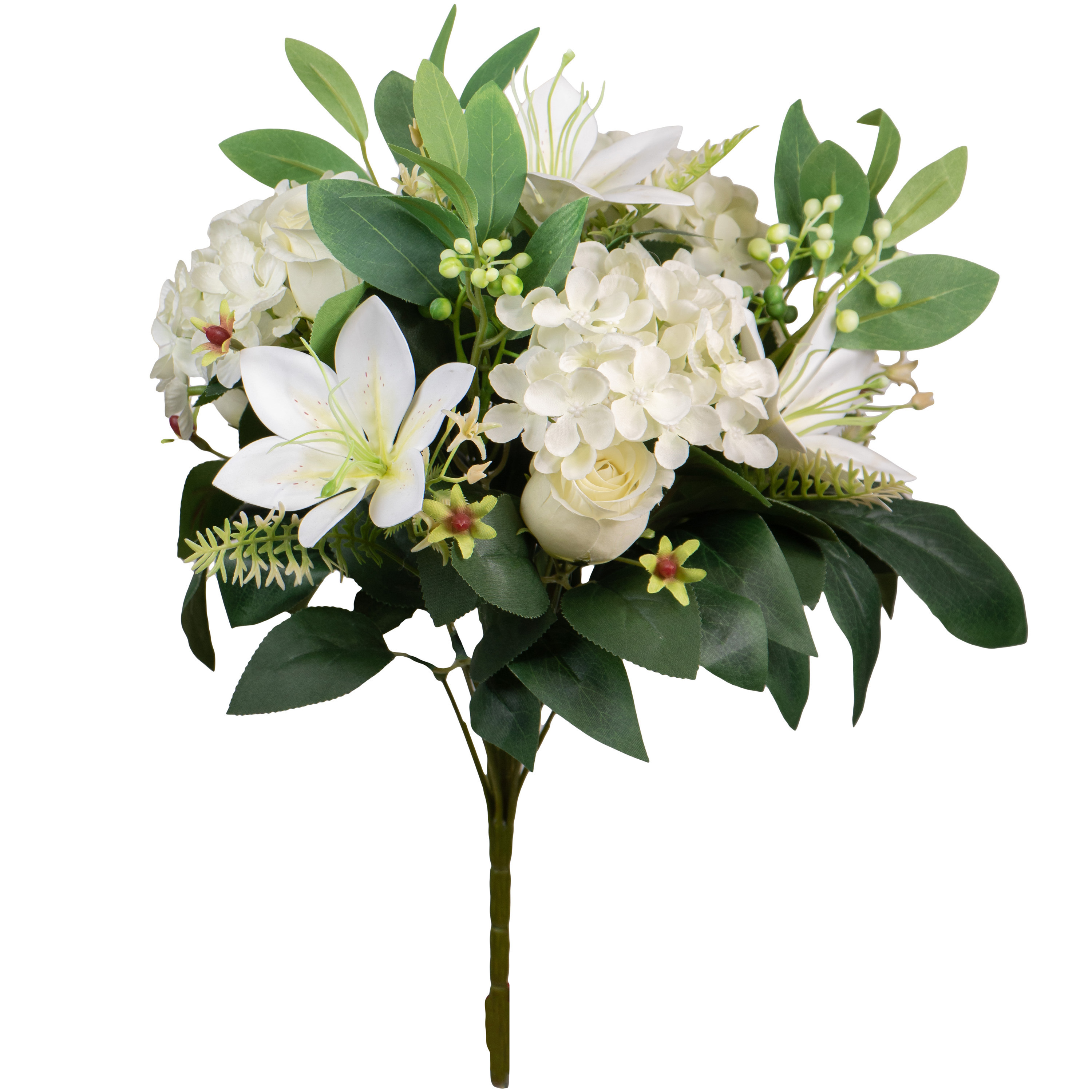 Kunstbloemen boeket roos-hortensia-lelie creme-wit H39 cm Bloemstuk Bladgroen