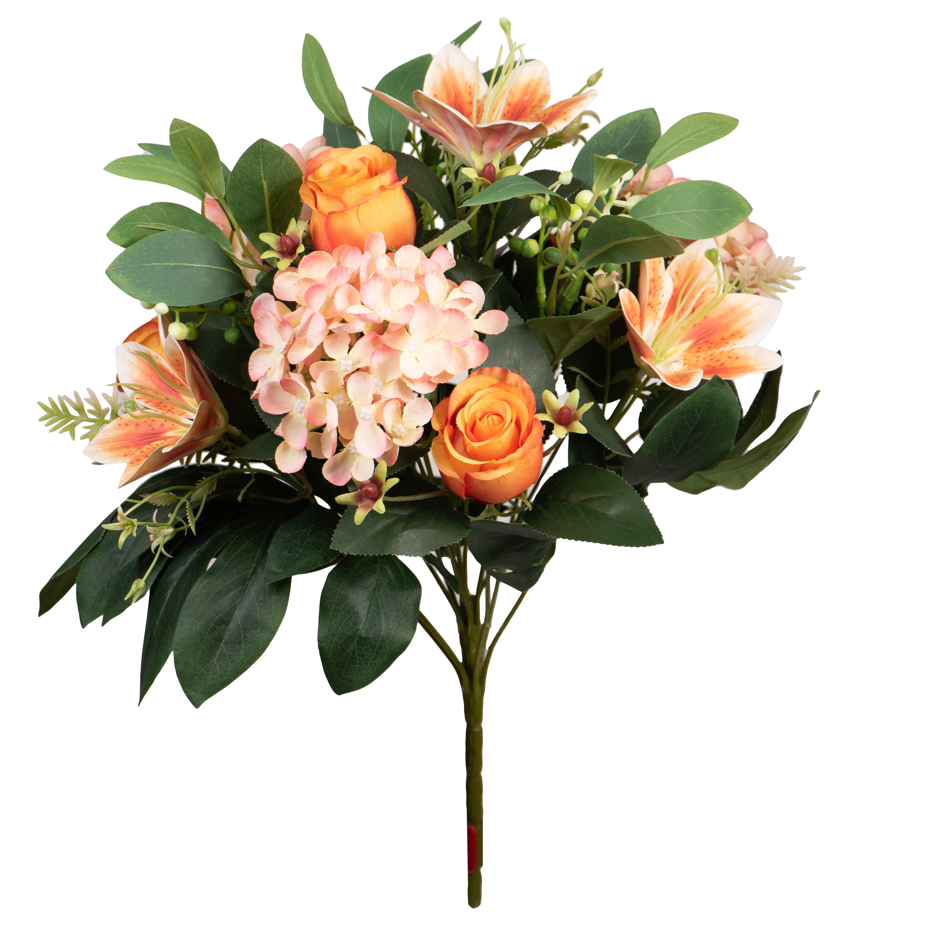 Kunstbloemen boeket roos-hortensia-lelie oranje-zalm H39 cm Bloemstuk Bladgroen